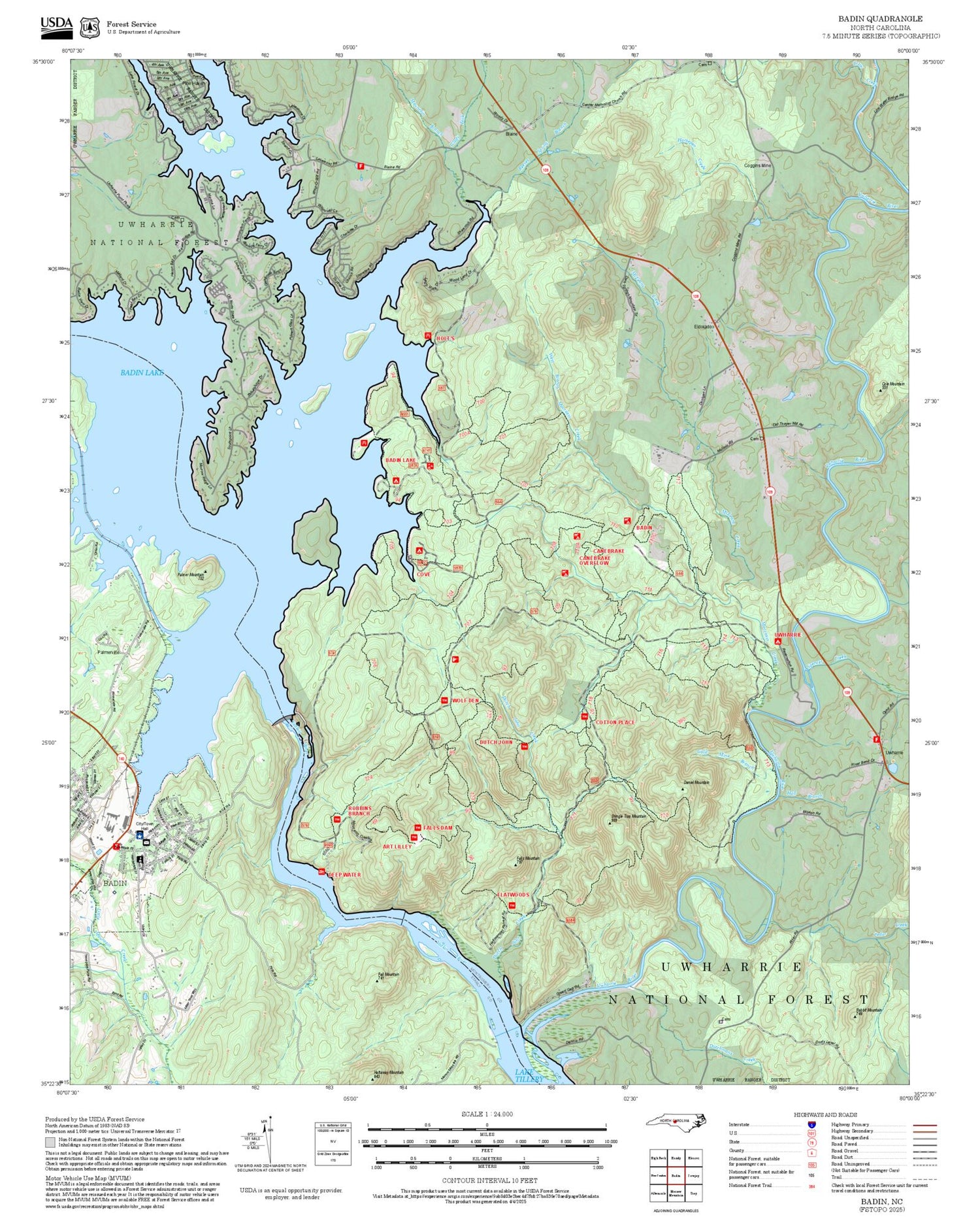 2025 Forest Service Topo Map of Badin North Carolina