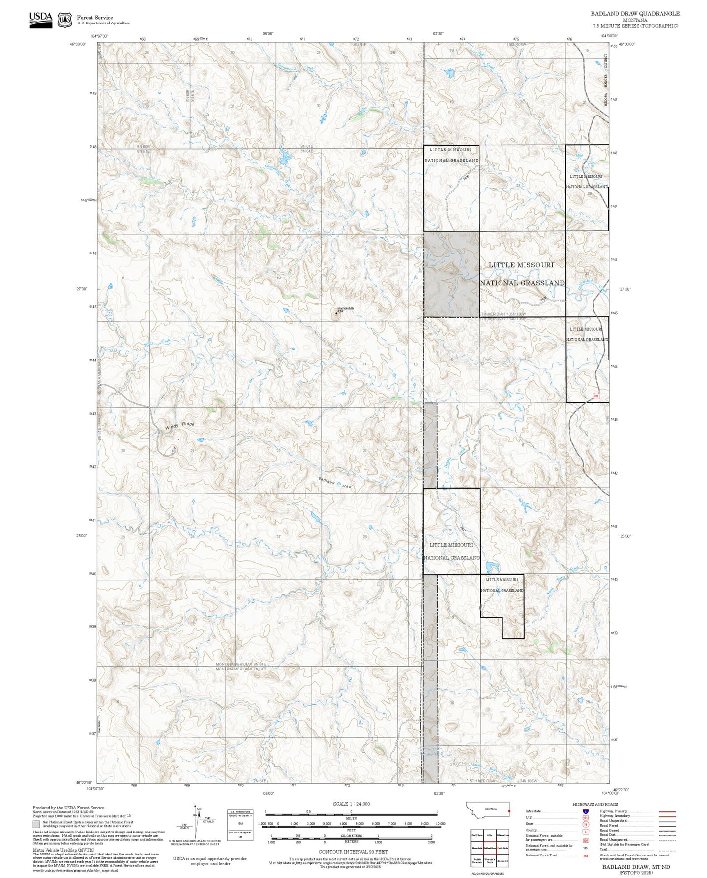 2025 Forest Service Topo Map of Badland Draw Montana