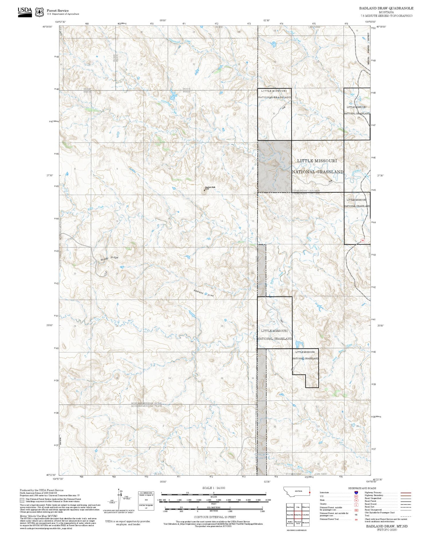 2025 Forest Service Topo Map of Badland Draw Montana