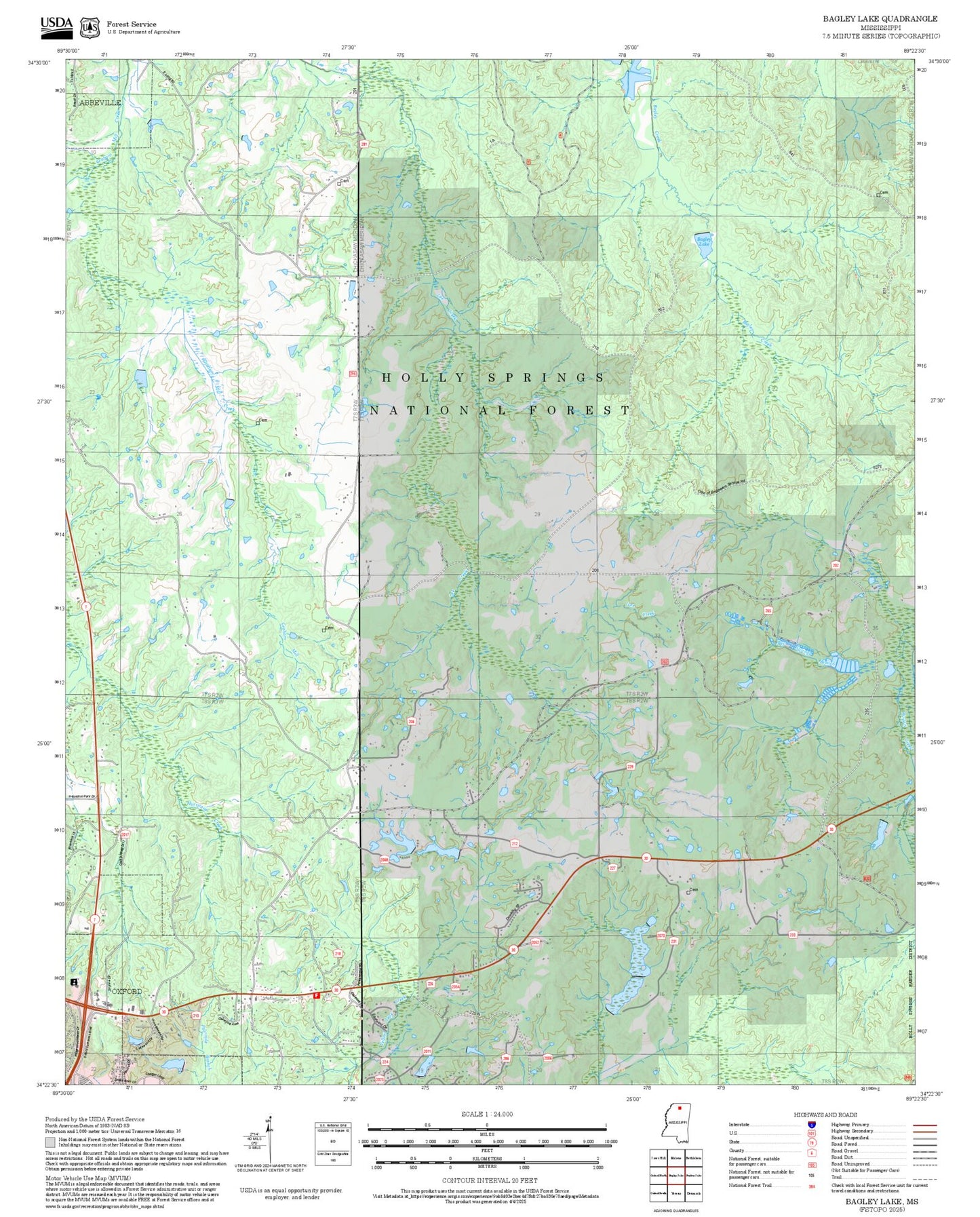 2025 Forest Service Topo Map of Bagley Lake Mississippi