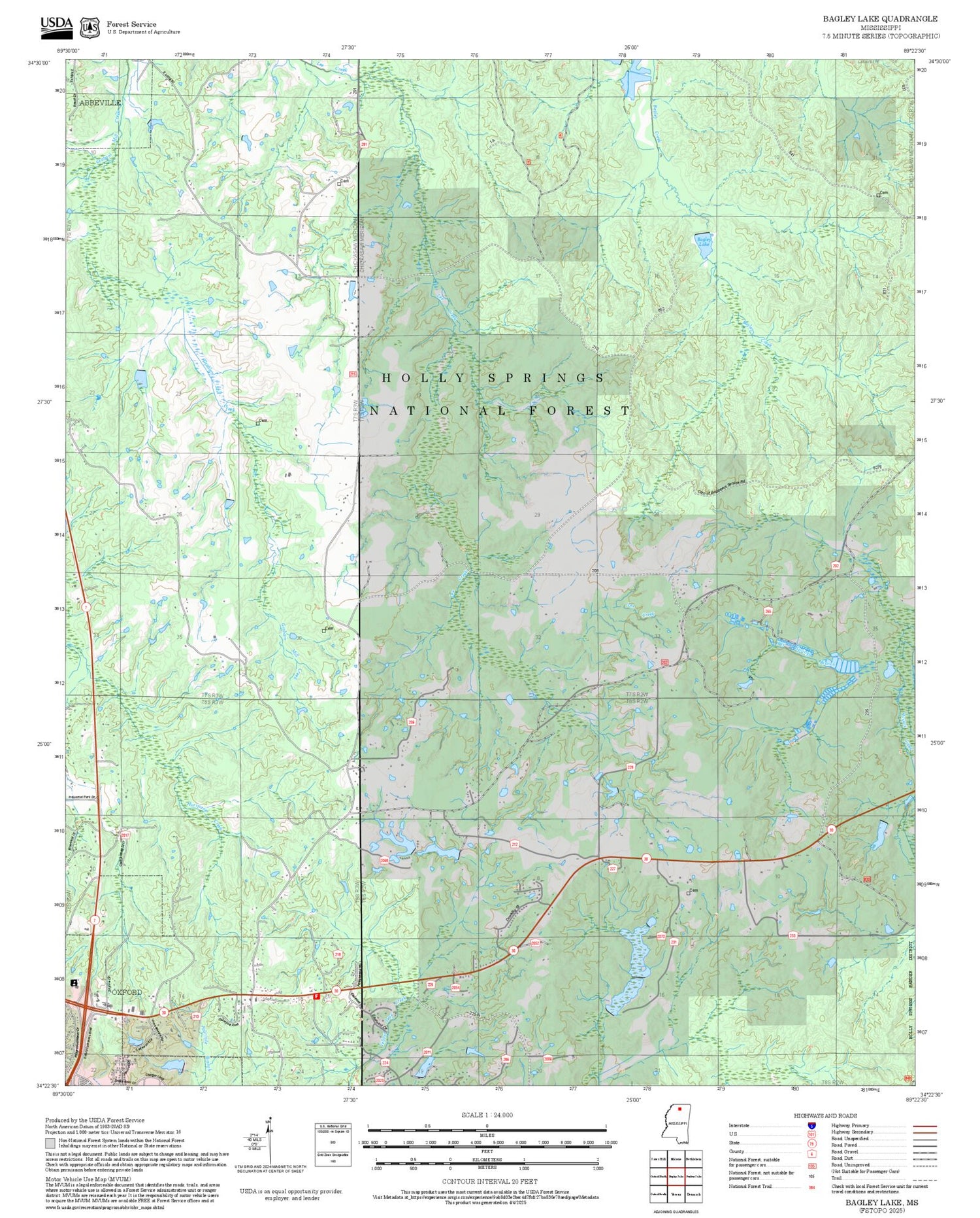 2025 Forest Service Topo Map of Bagley Lake Mississippi