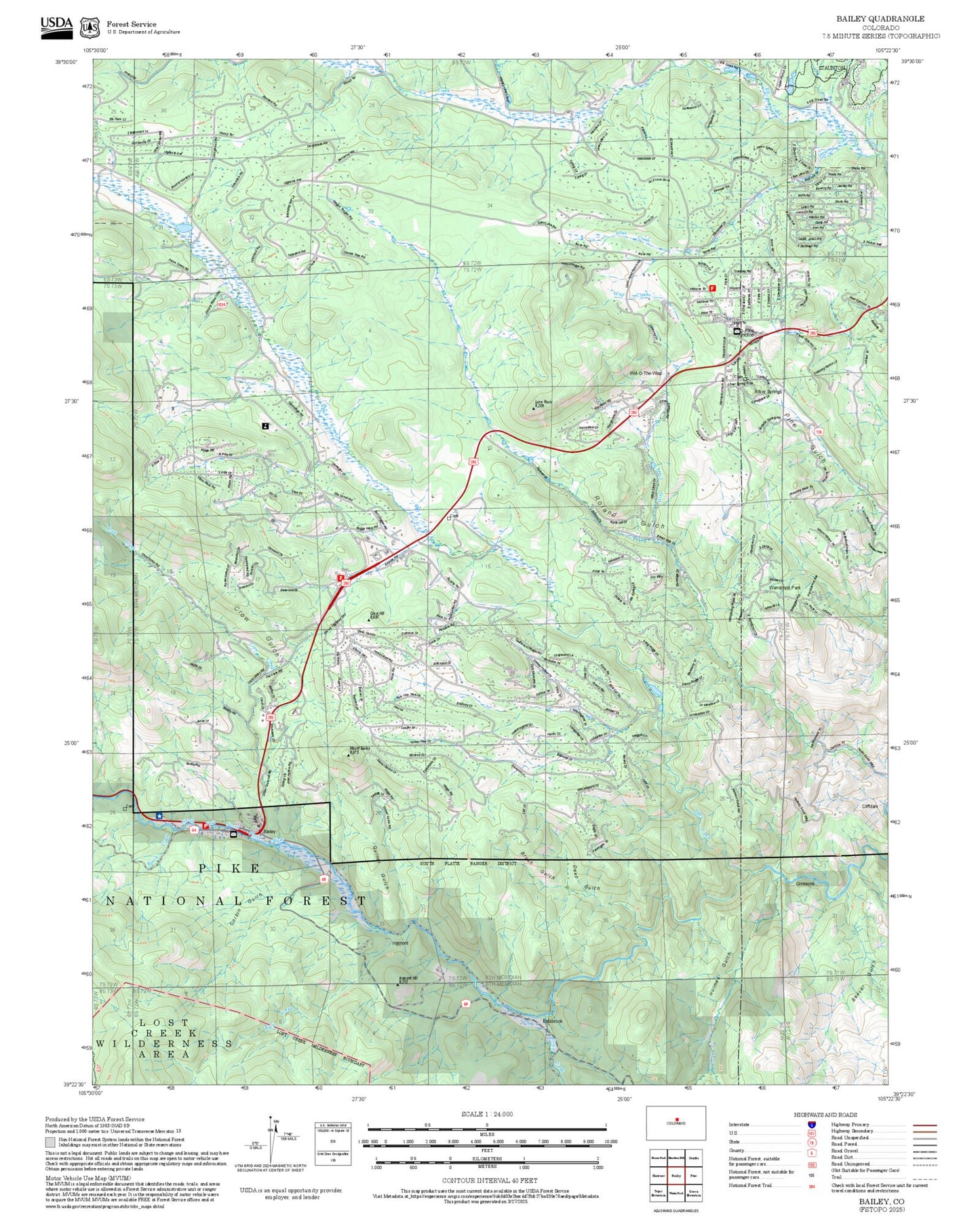 2025 Forest Service Topo Map of Bailey Colorado