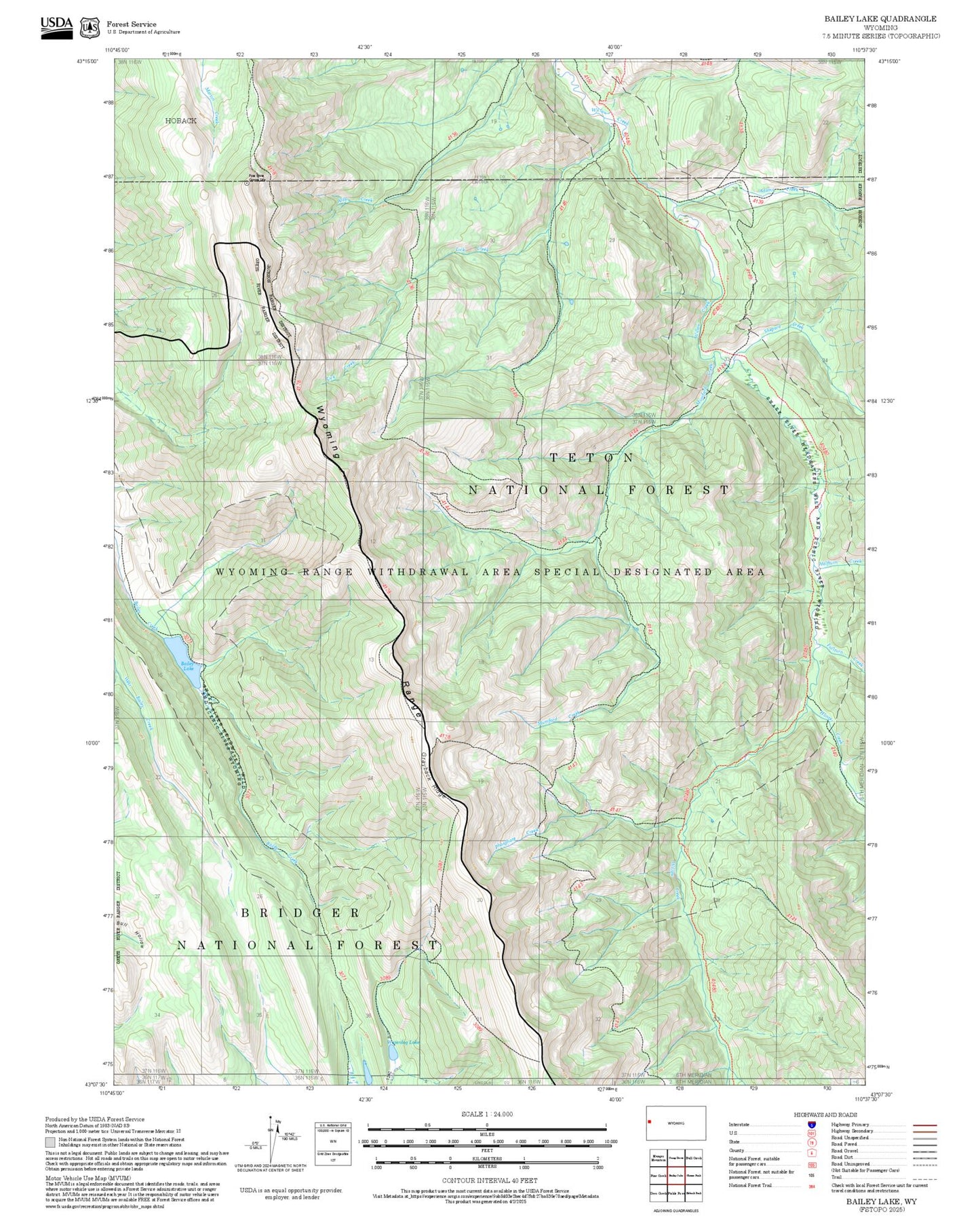 2025 Forest Service Topo Map of Bailey Lake Wyoming