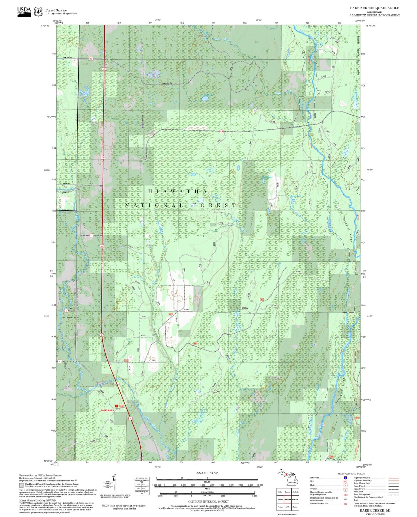 2025 Forest Service Topo Map of Baker Creek Michigan
