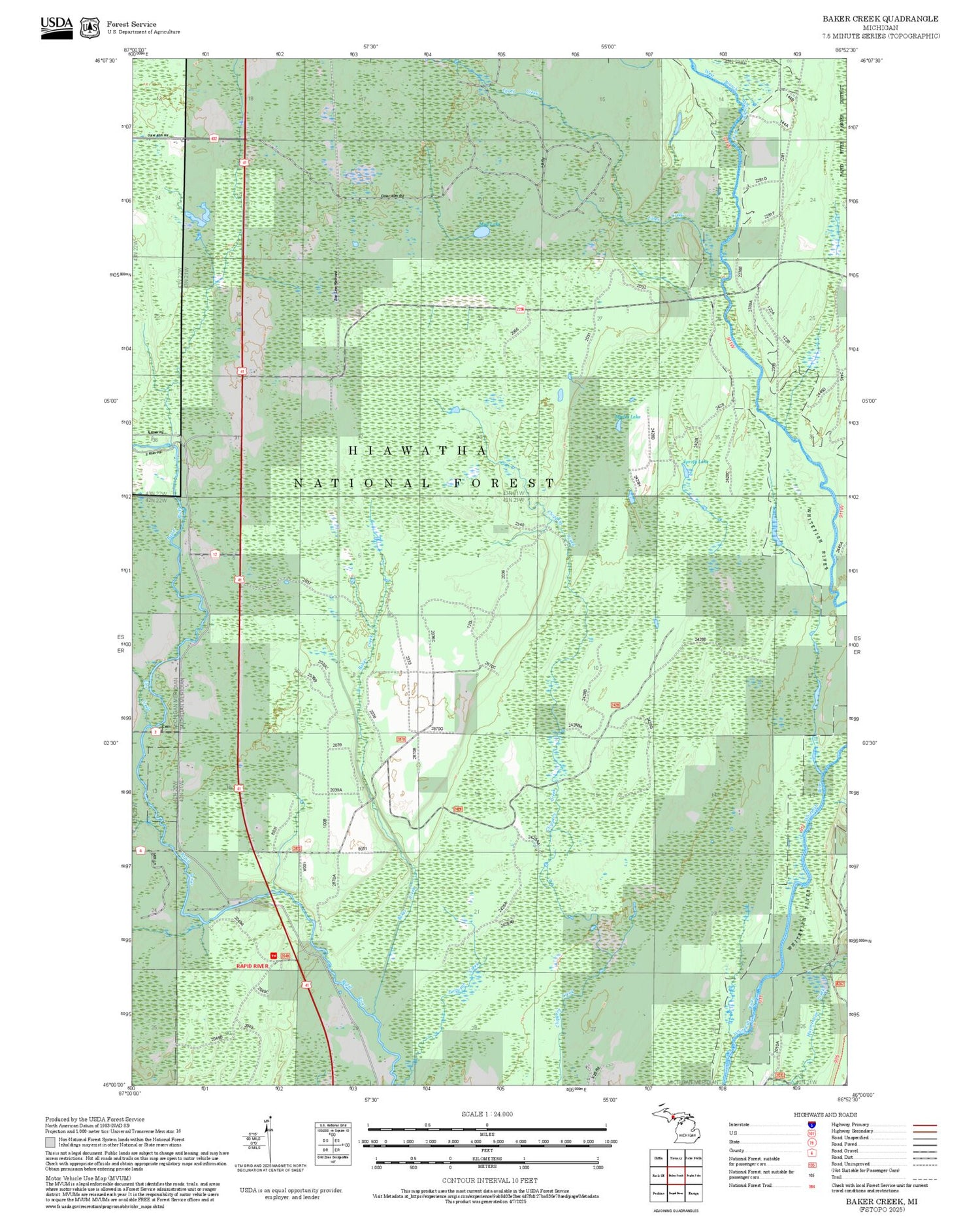 2025 Forest Service Topo Map of Baker Creek Michigan