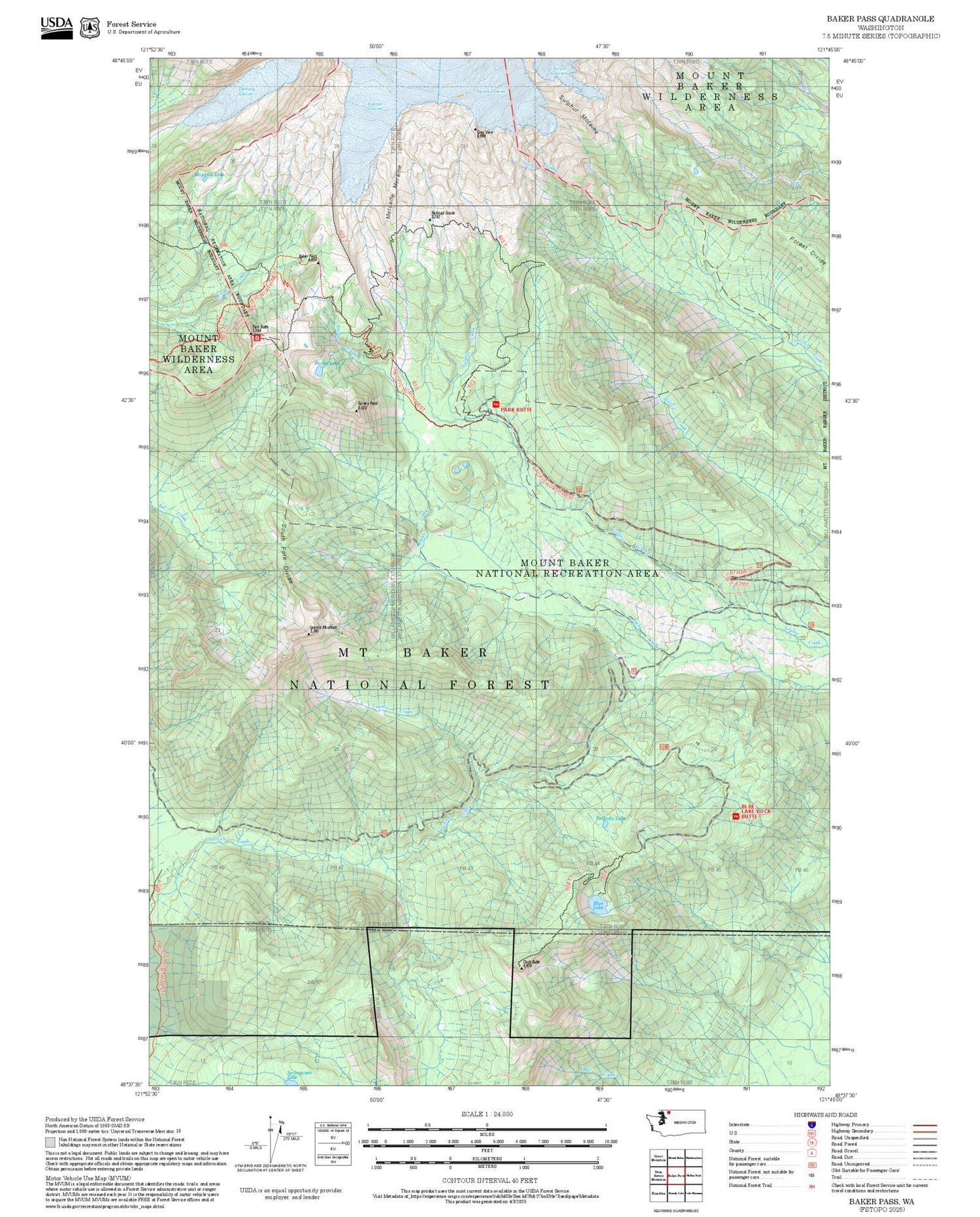 2025 Forest Service Topo Map of Baker Pass Washington