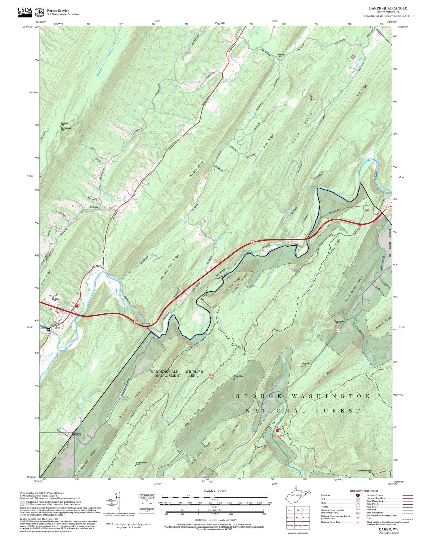 2025 Forest Service Topo Map of Baker West Virginia