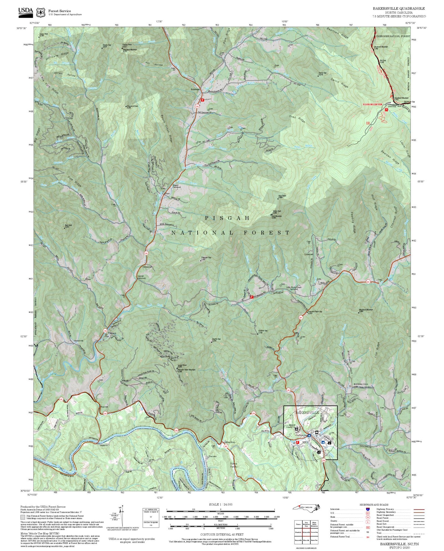 2025 Forest Service Topo Map of Bakersville North Carolina