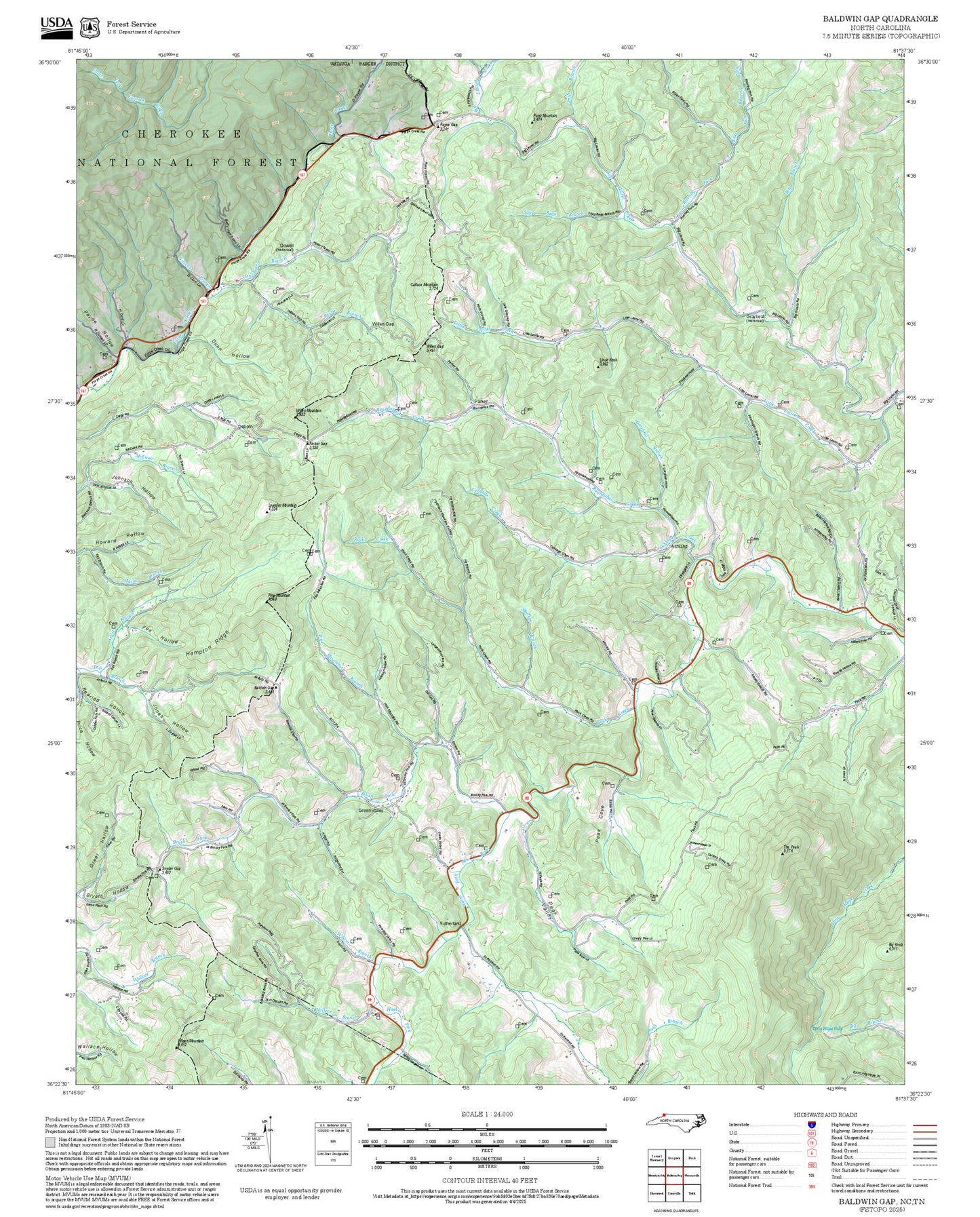 2025 Forest Service Topo Map of Baldwin Gap North Carolina