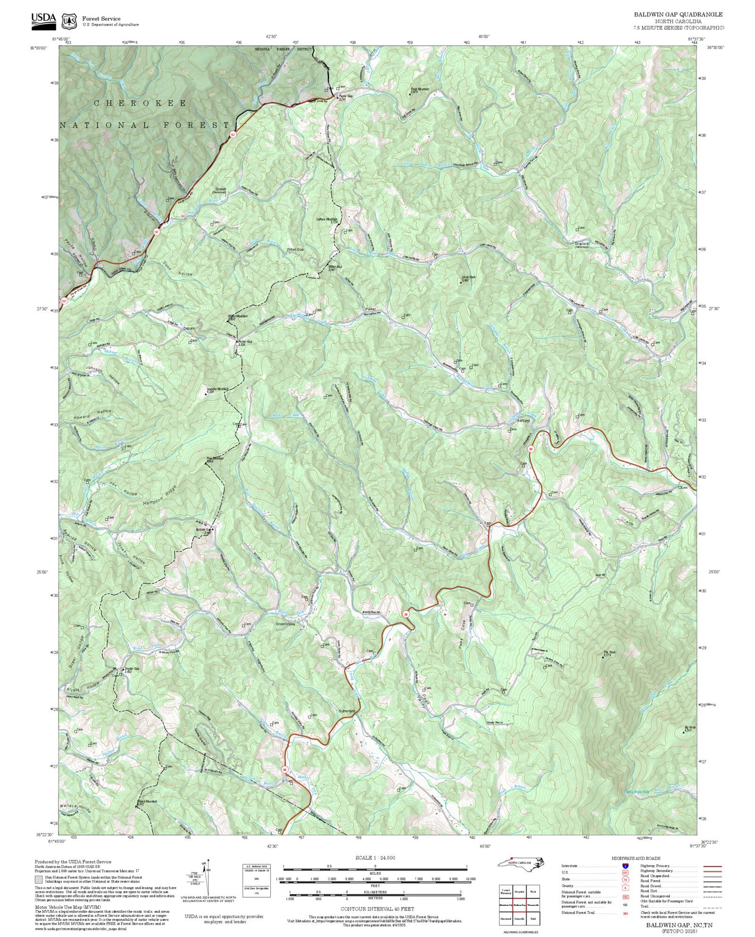 2025 Forest Service Topo Map of Baldwin Gap North Carolina