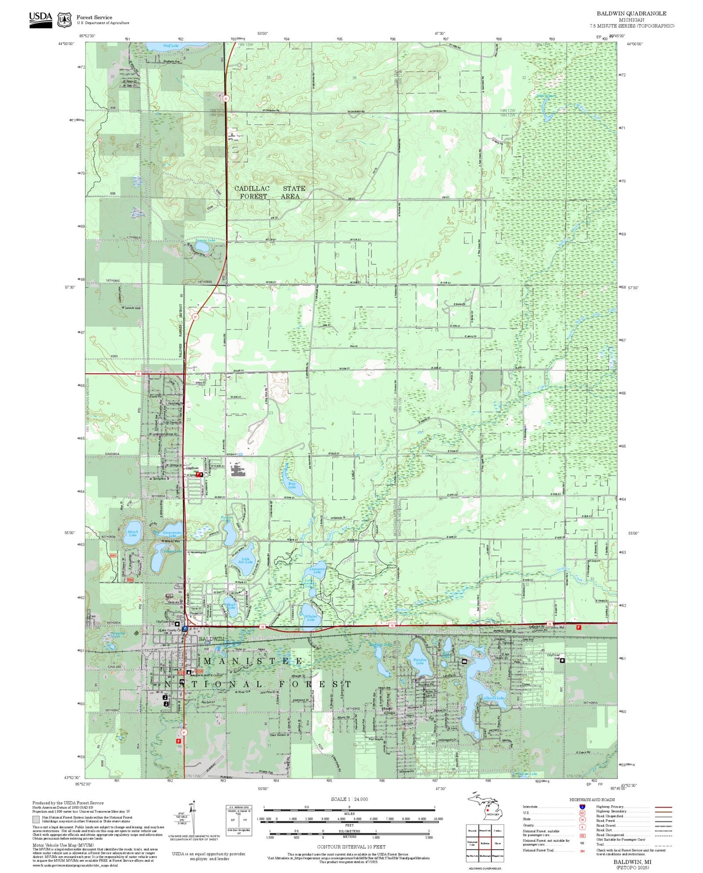 2025 Forest Service Topo Map of Baldwin Michigan