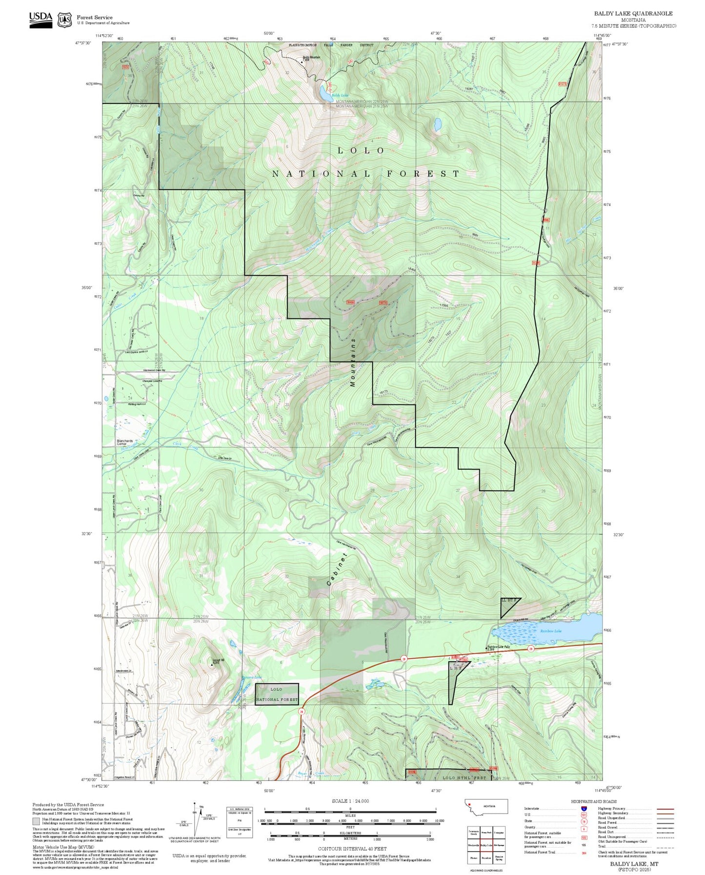 2025 Forest Service Topo Map of Baldy Lake Montana