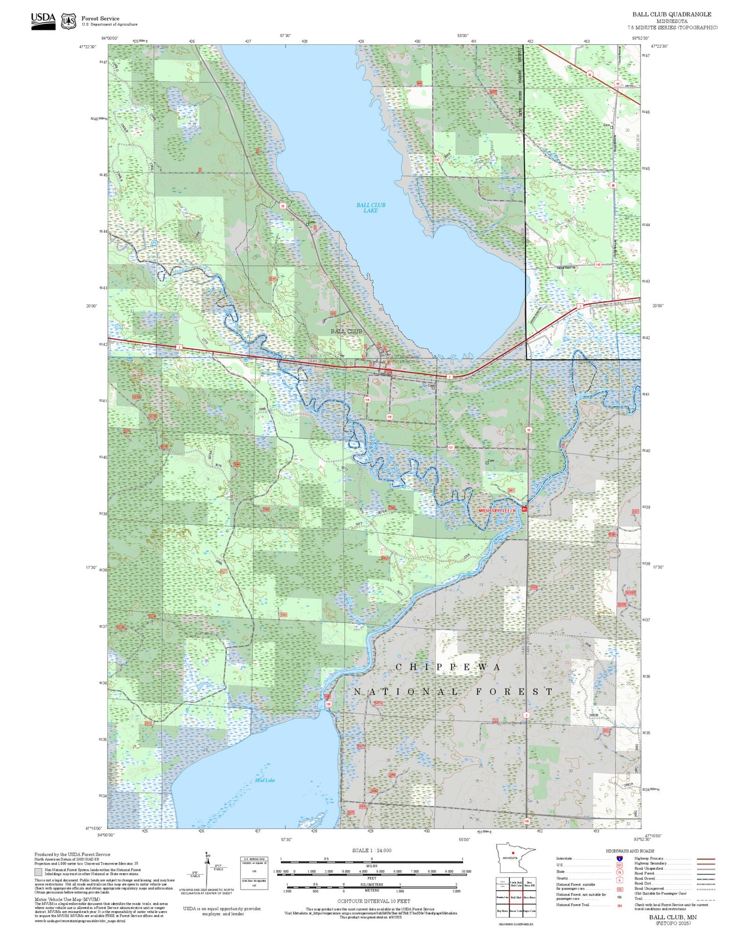 2025 Forest Service Topo Map of Ball Club Minnesota