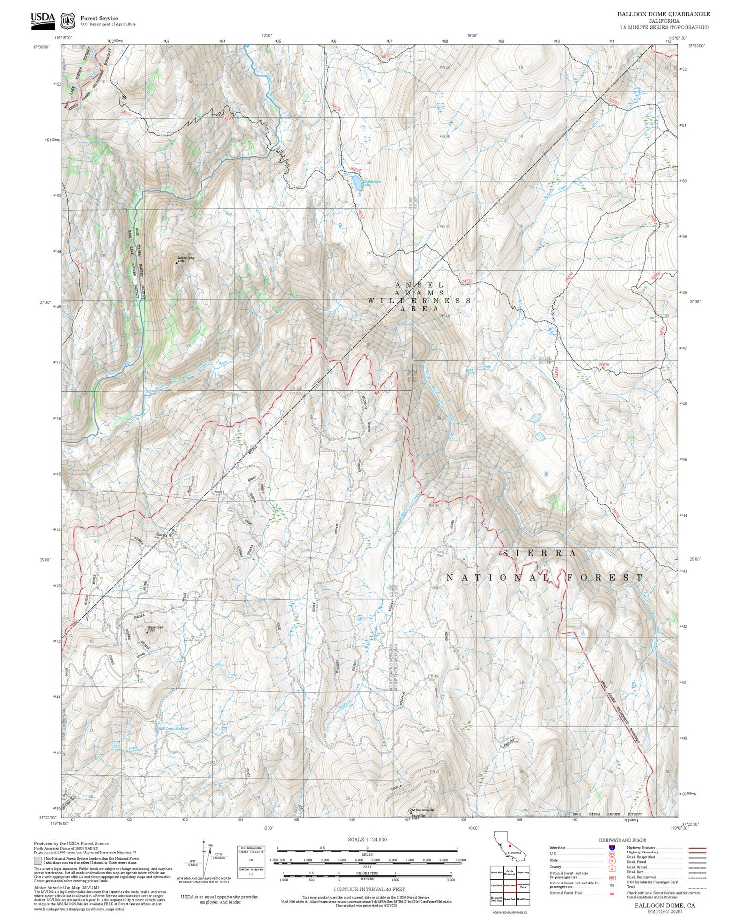 2025 Forest Service Topo Map of Balloon Dome California