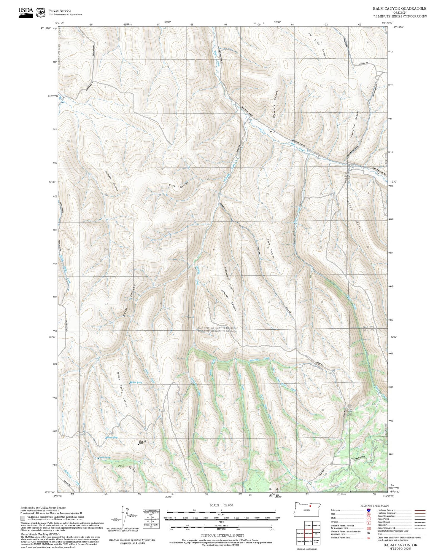 2025 Forest Service Topo Map of Balm Canyon Oregon