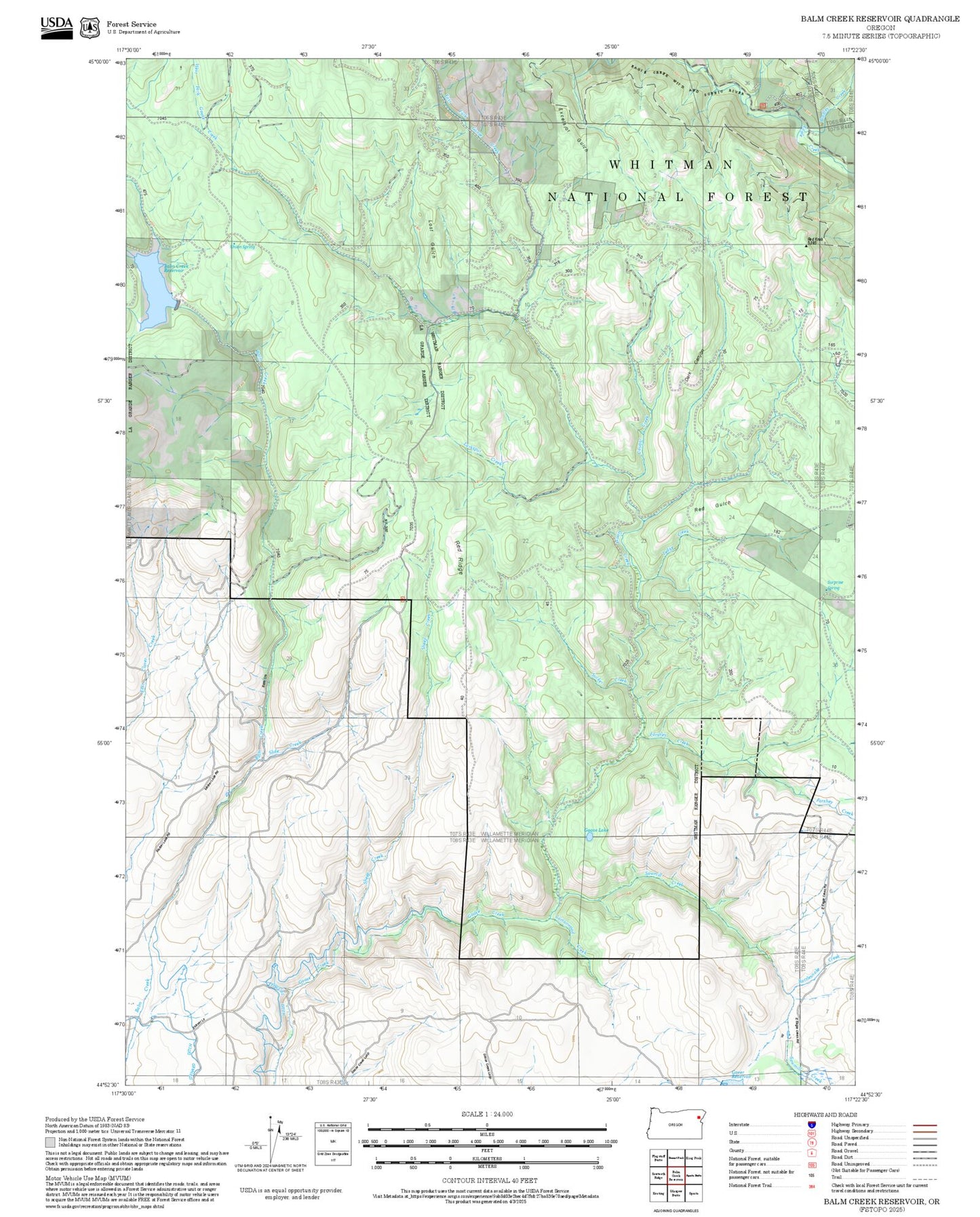 2025 Forest Service Topo Map of Balm Creek Reservoir Oregon