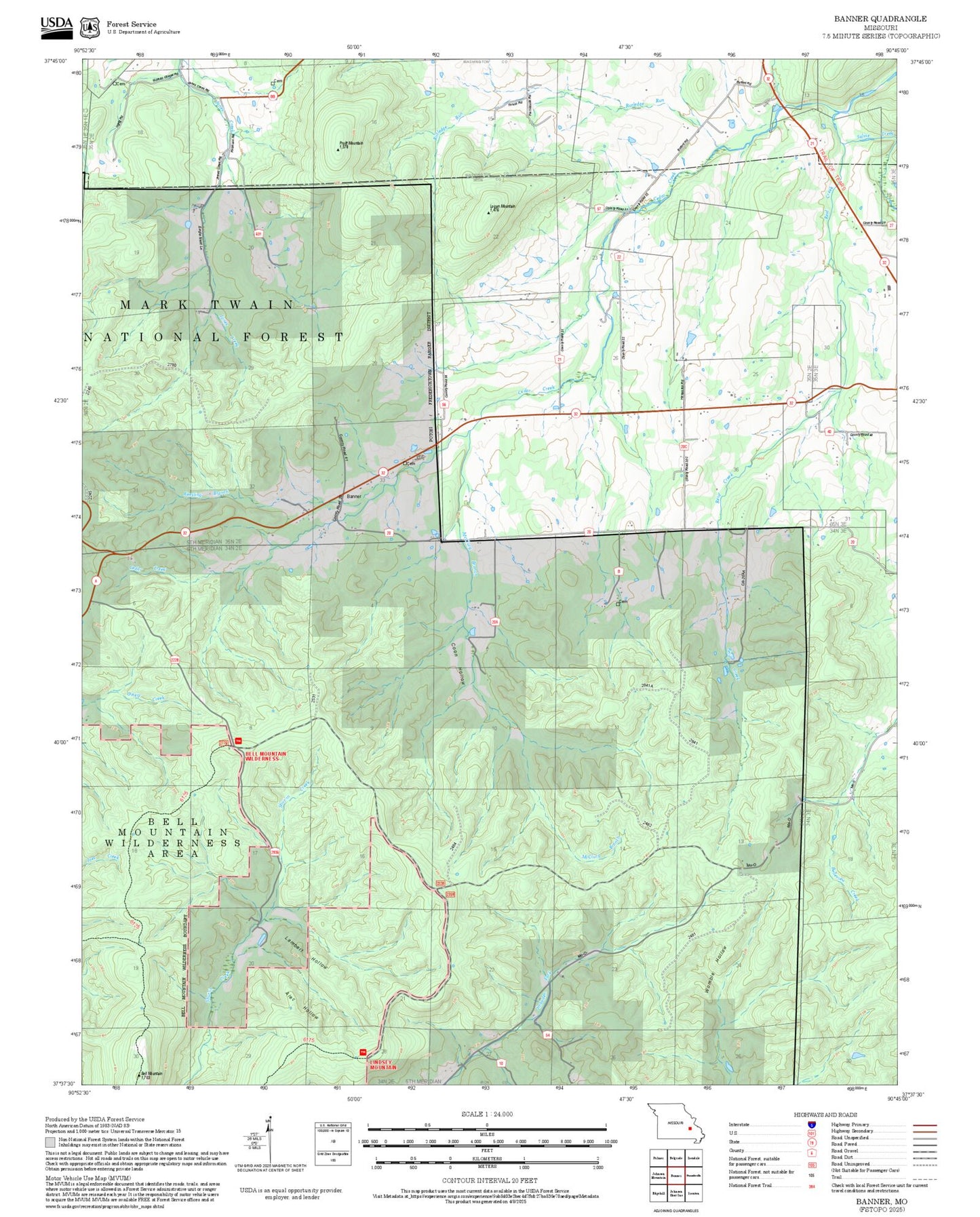 2025 Forest Service Topo Map of Banner Missouri