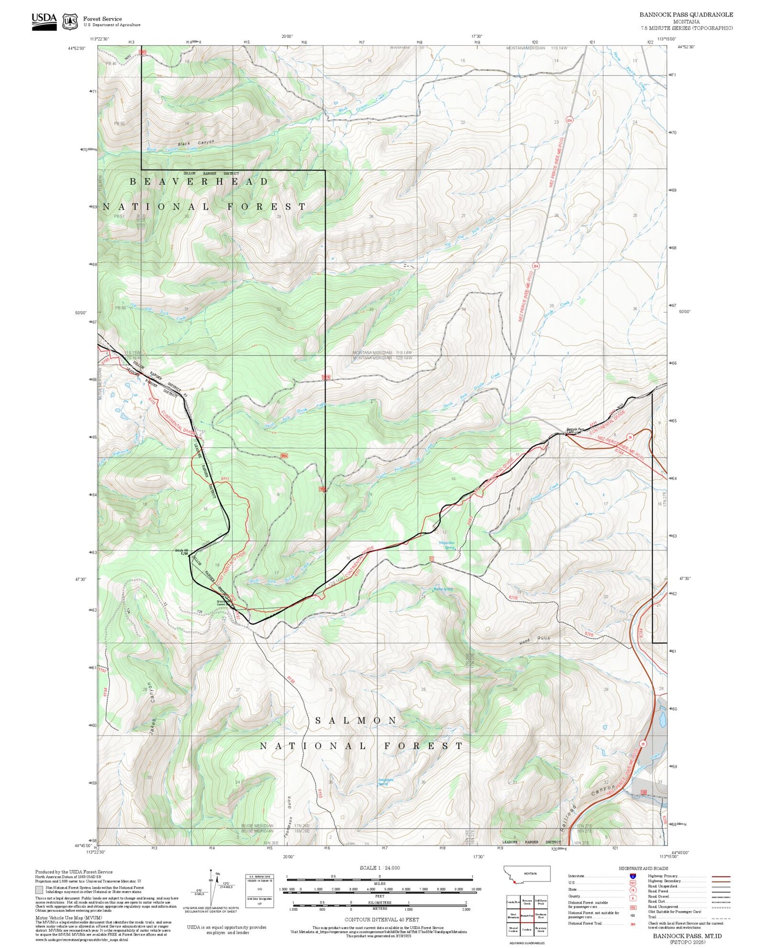 2025 Forest Service Topo Map of Bannock Pass Montana