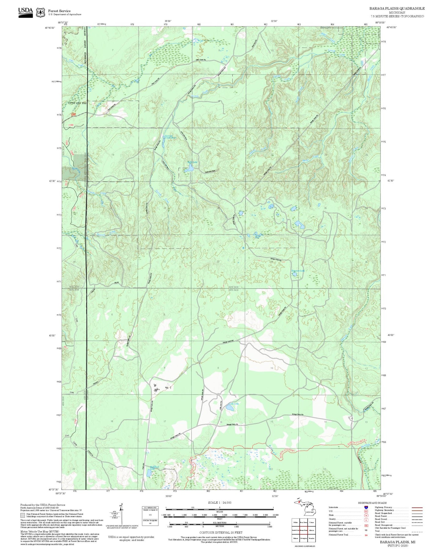 2025 Forest Service Topo Map of Baraga Plains Michigan