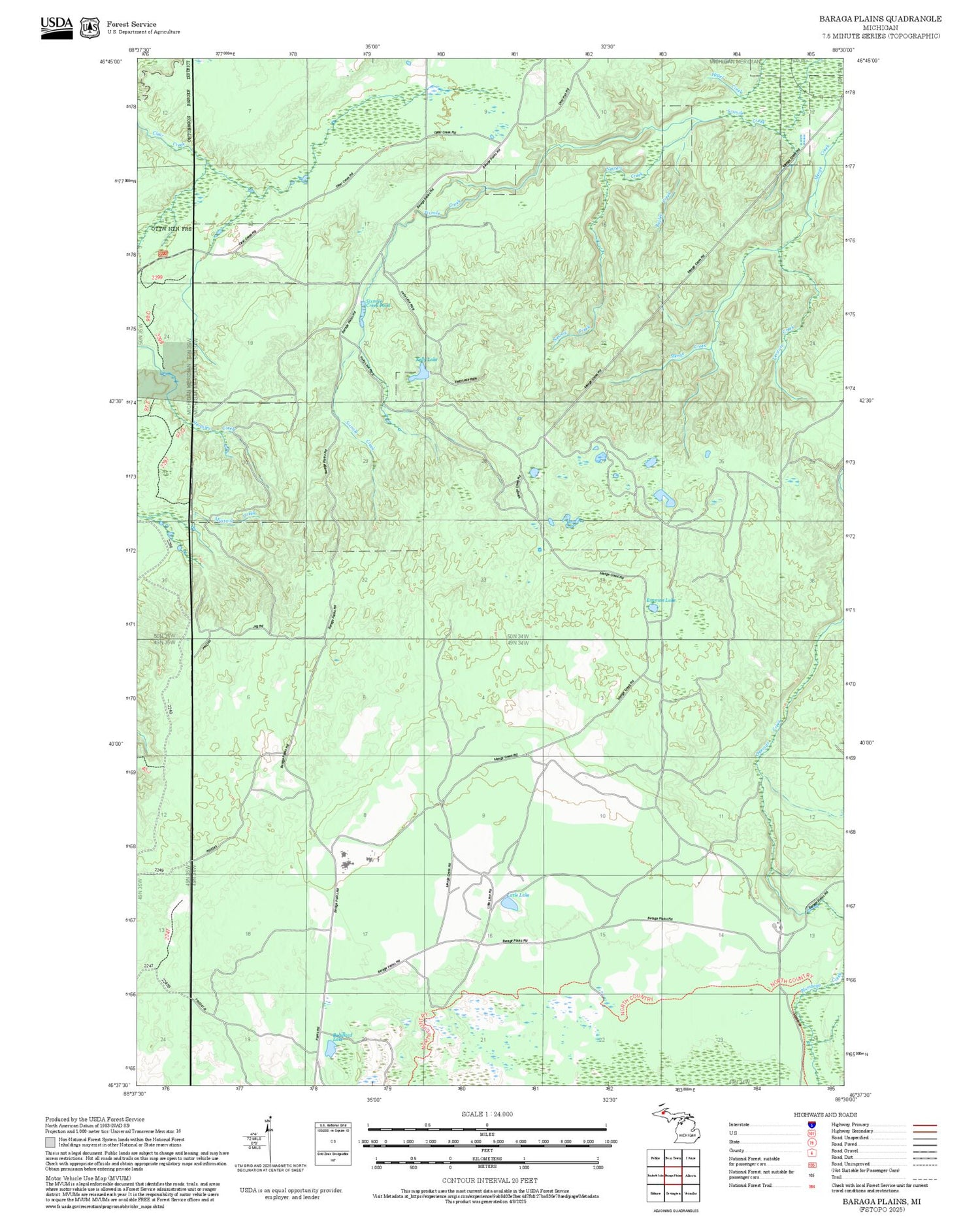 2025 Forest Service Topo Map of Baraga Plains Michigan