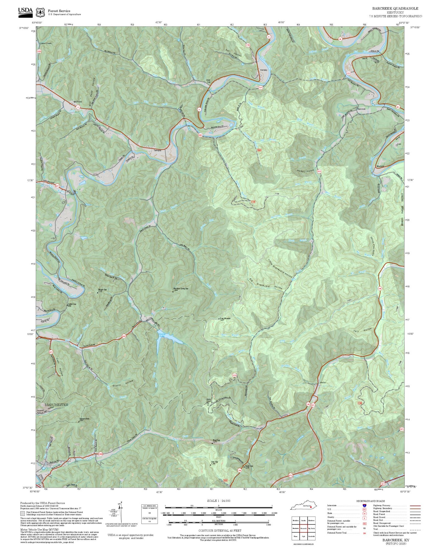 2025 Forest Service Topo Map of Barcreek Kentucky