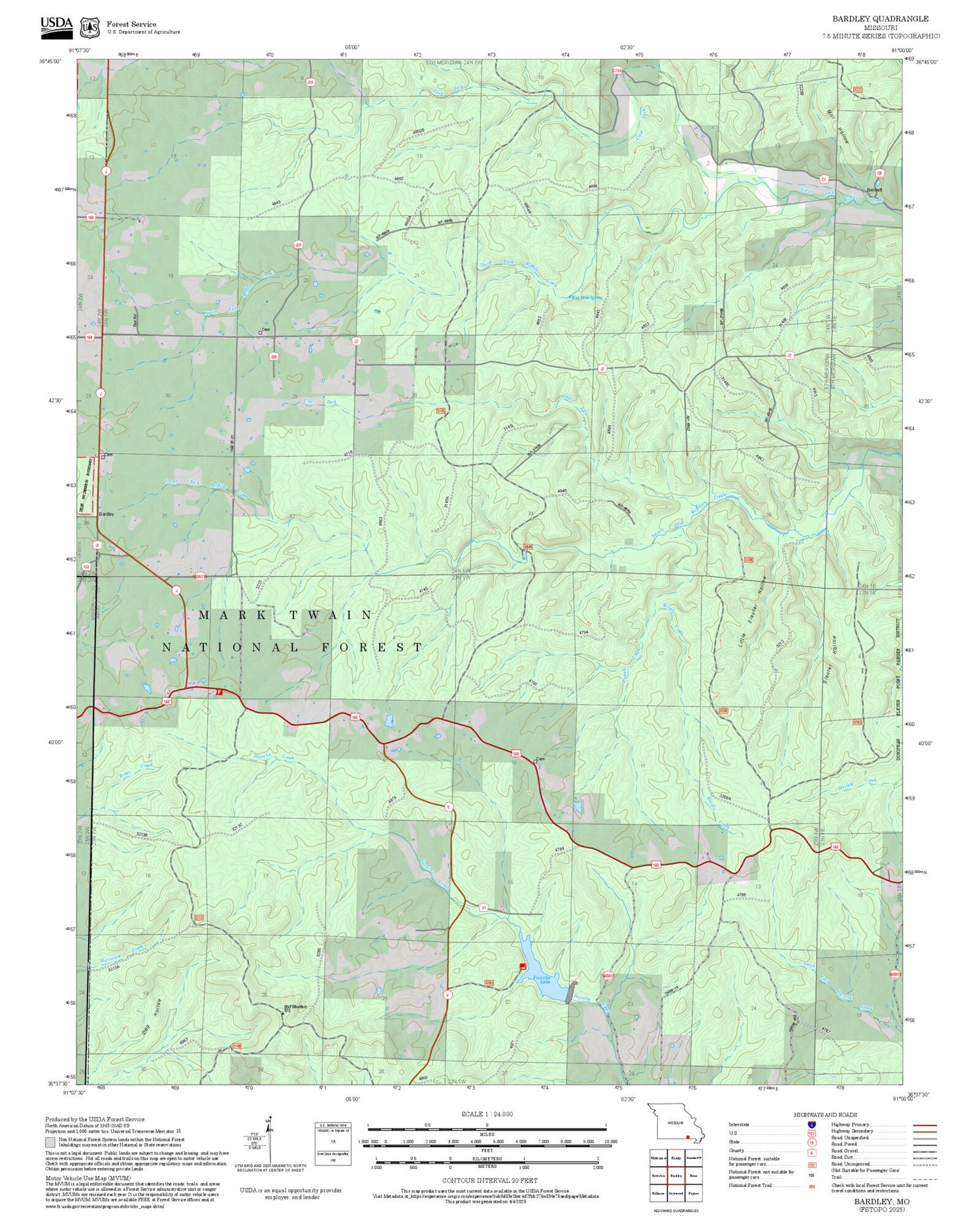 2025 Forest Service Topo Map of Bardley Missouri
