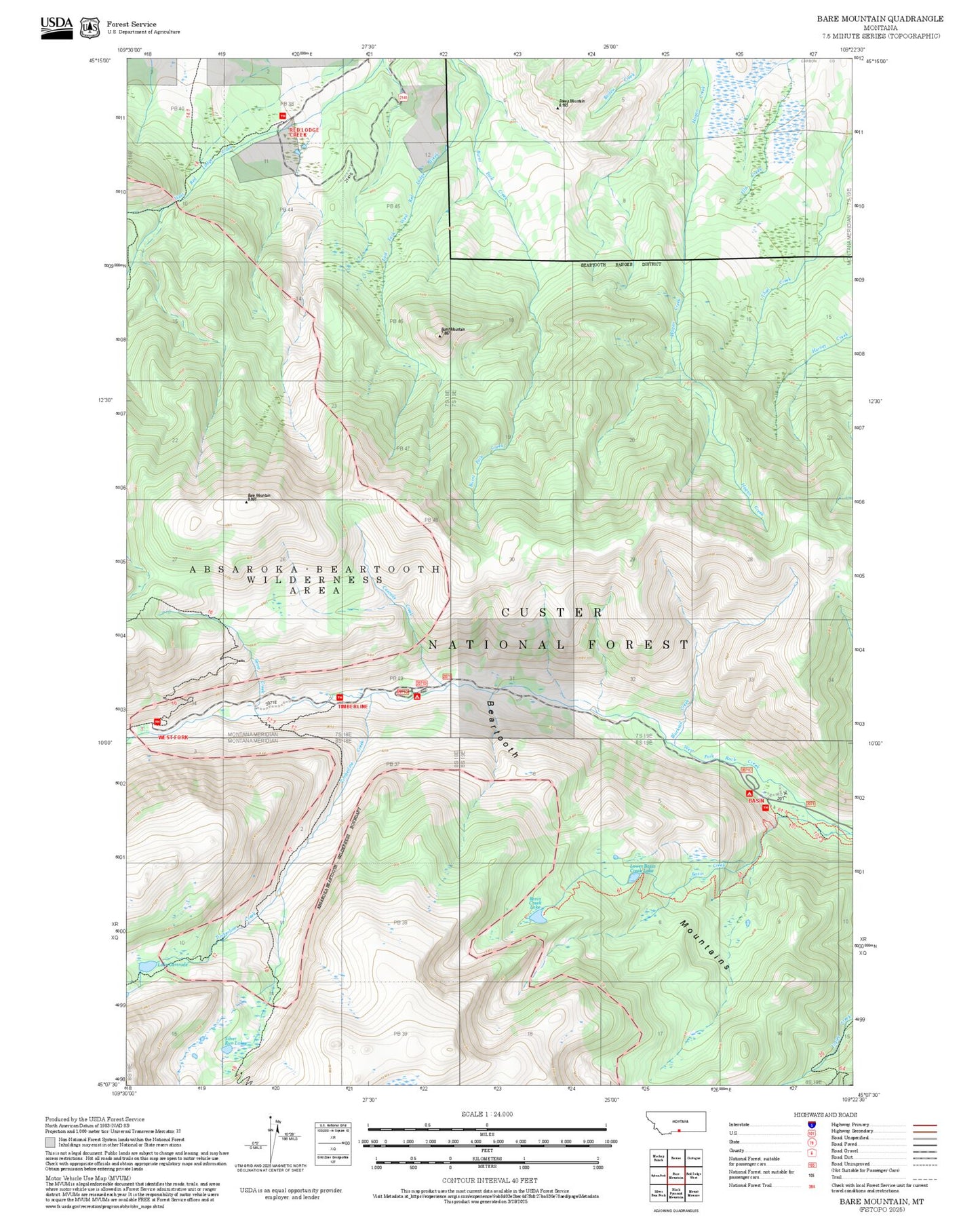 2025 Forest Service Topo Map of Bare Mountain Montana