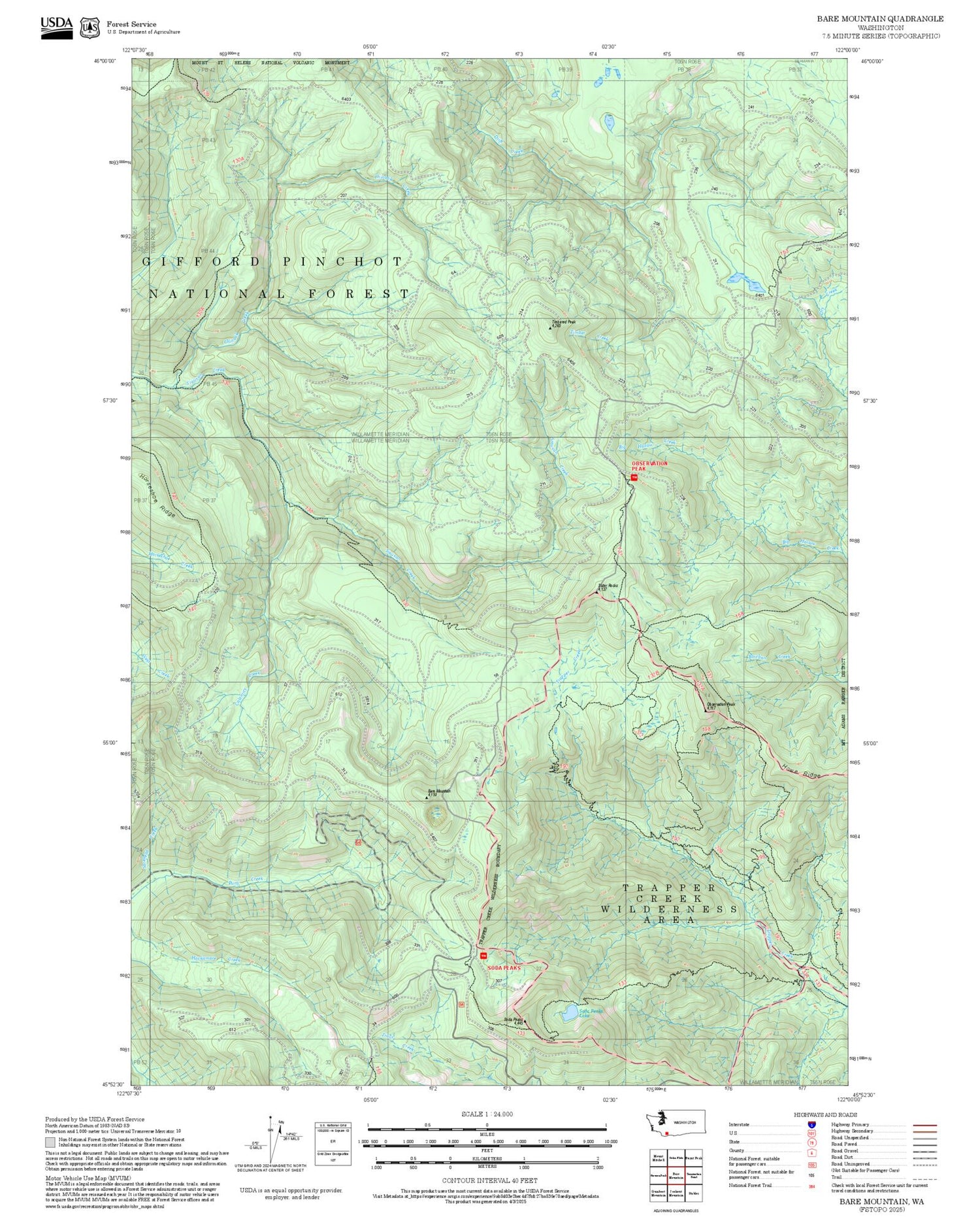 2025 Forest Service Topo Map of Bare Mountain Washington