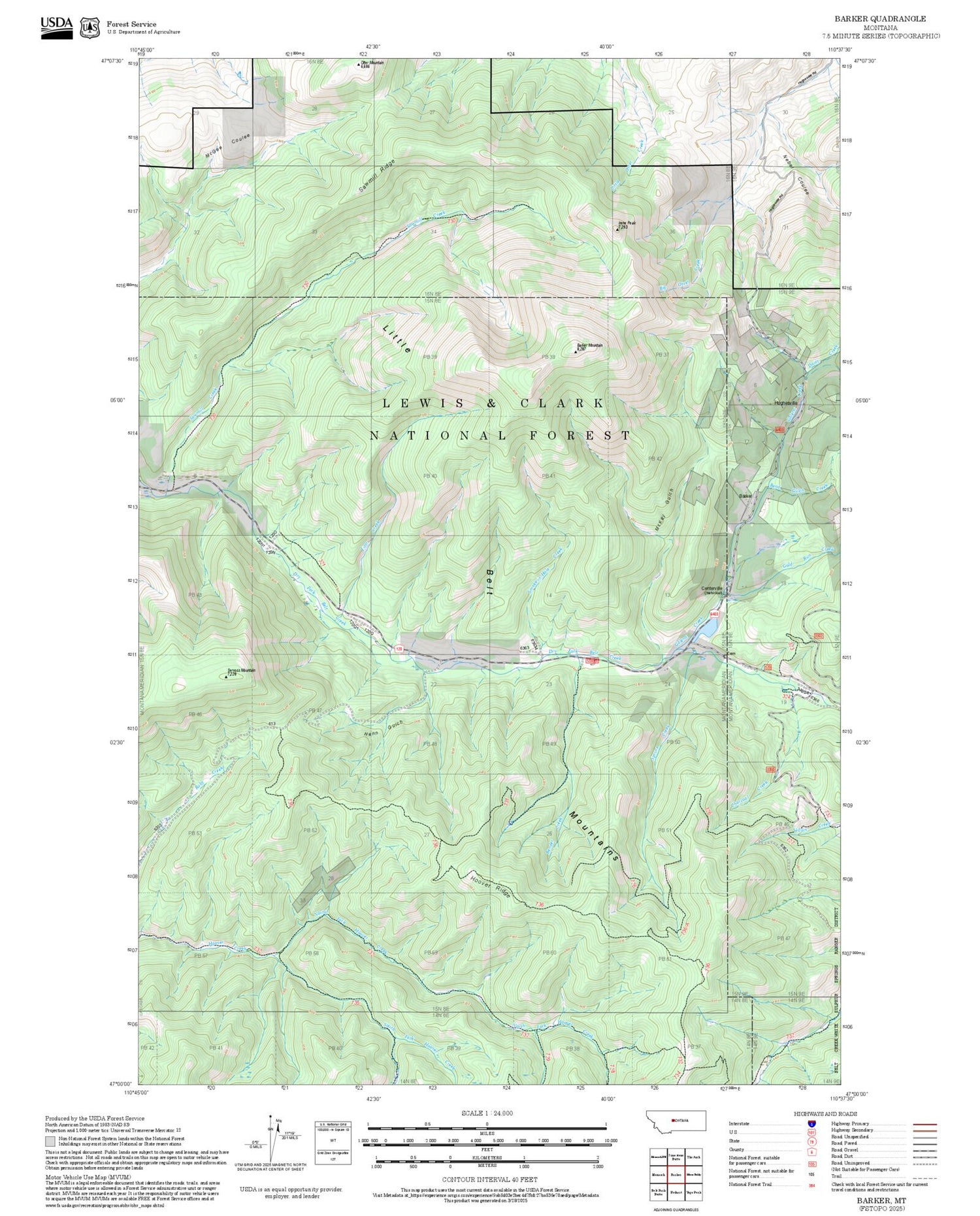 2025 Forest Service Topo Map of Barker Montana
