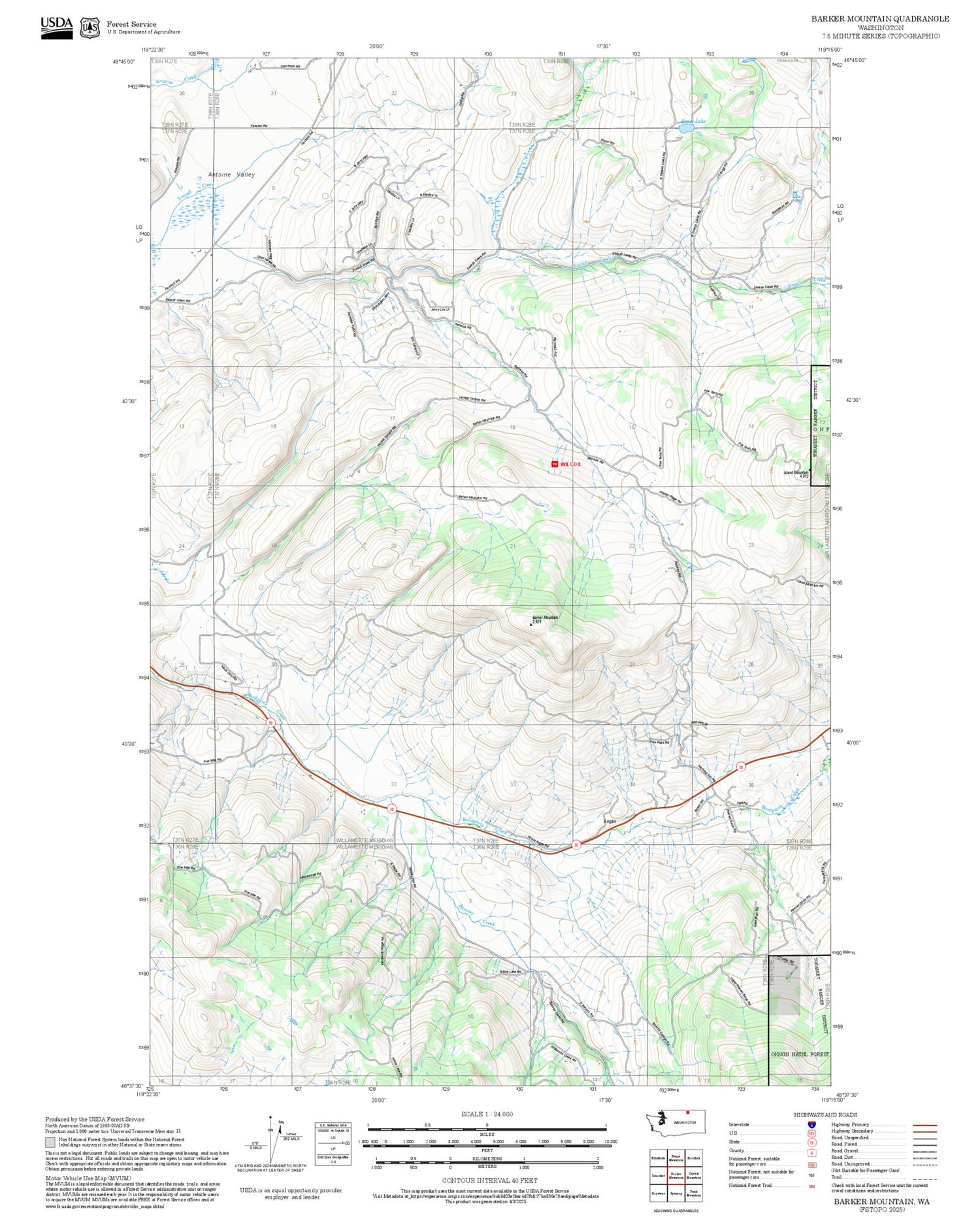 2025 Forest Service Topo Map of Barker Mountain Washington