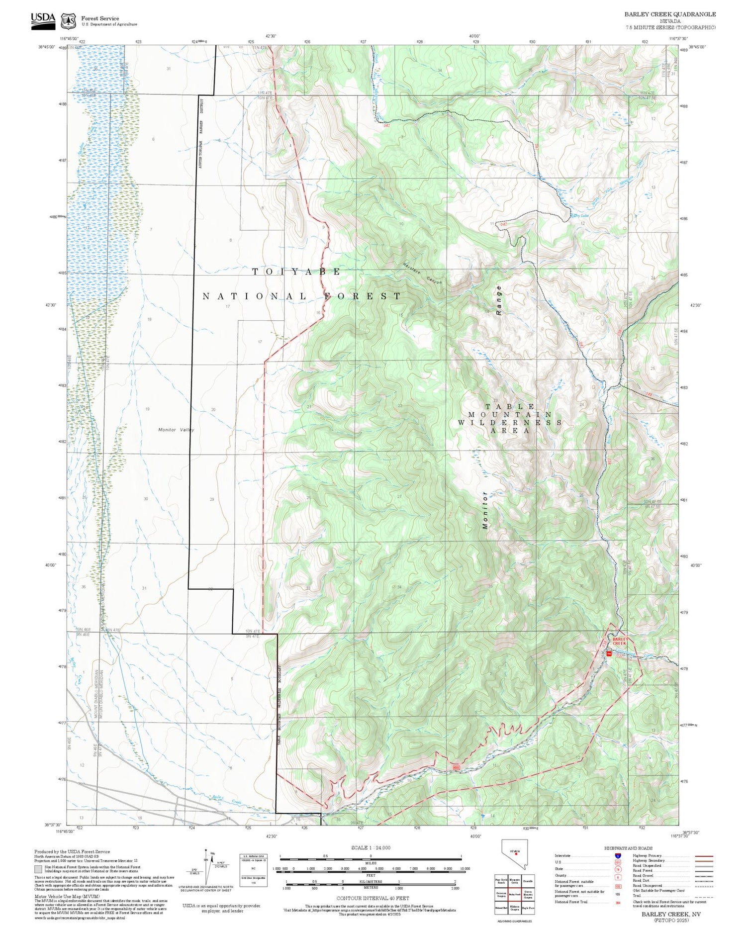 2025 Forest Service Topo Map of Barley Creek Nevada
