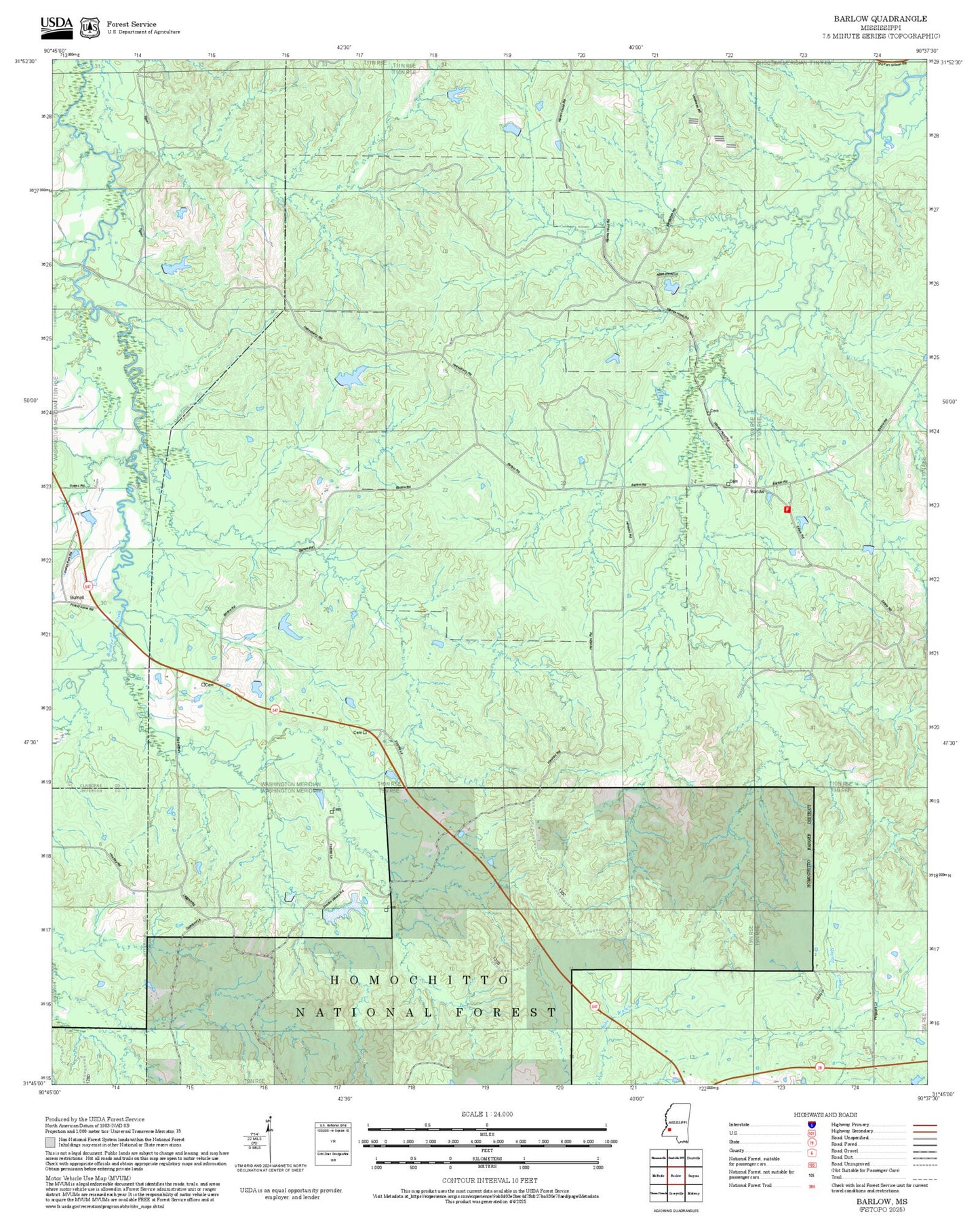 2025 Forest Service Topo Map of Barlow Mississippi