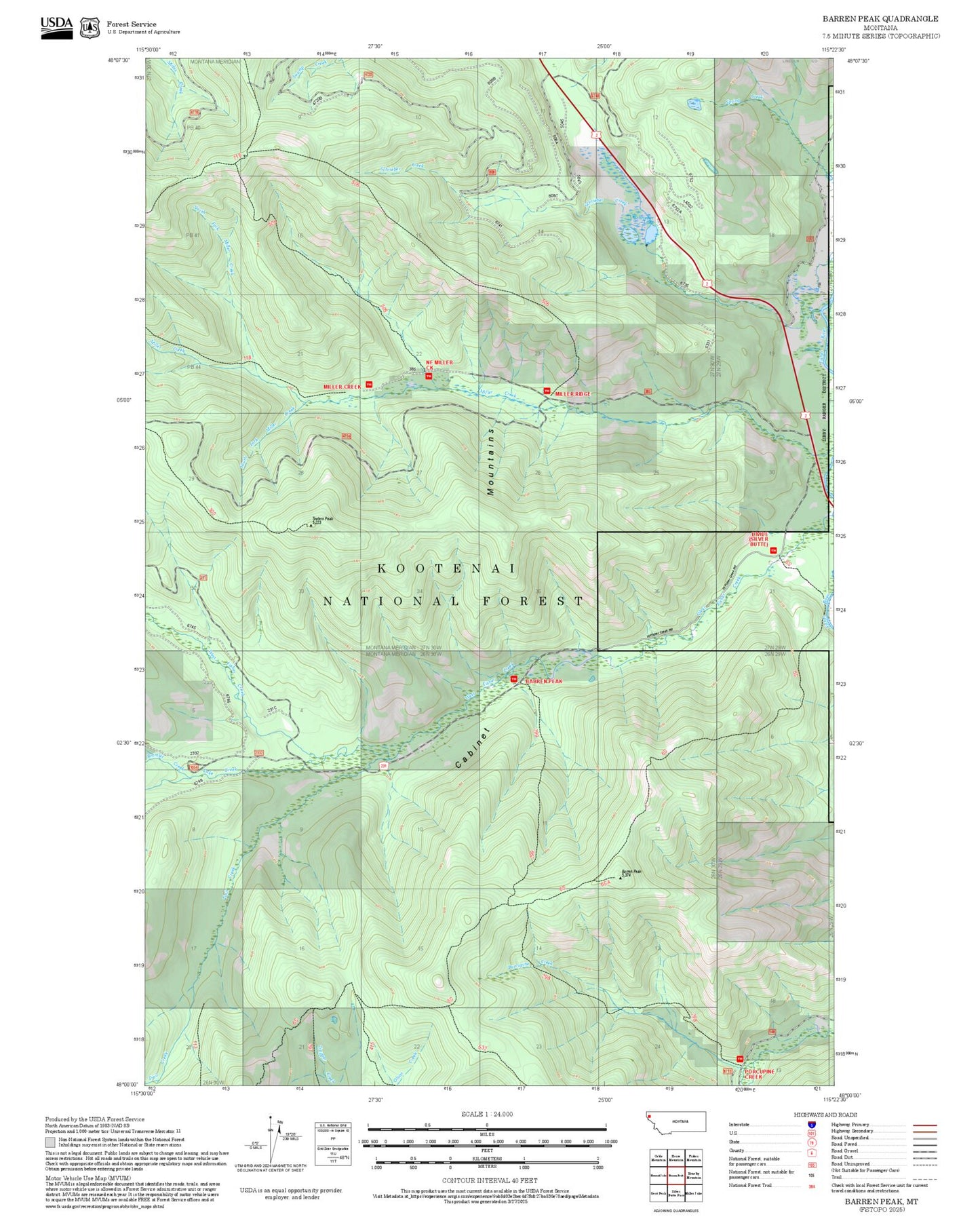 2025 Forest Service Topo Map of Barren Peak Montana