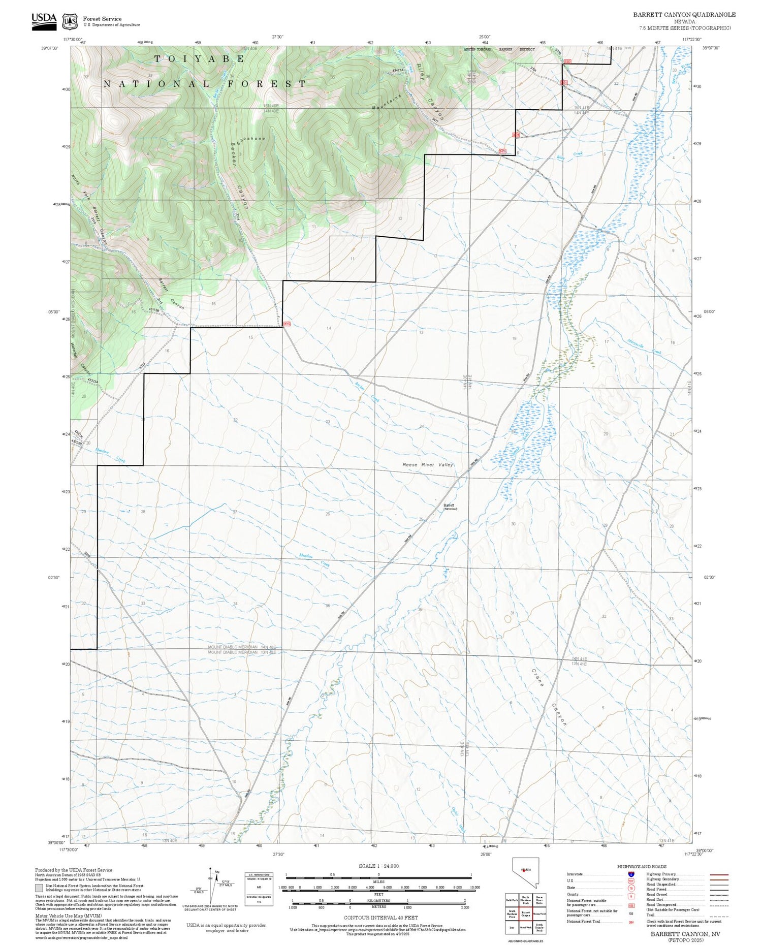2025 Forest Service Topo Map of Barrett Canyon Nevada