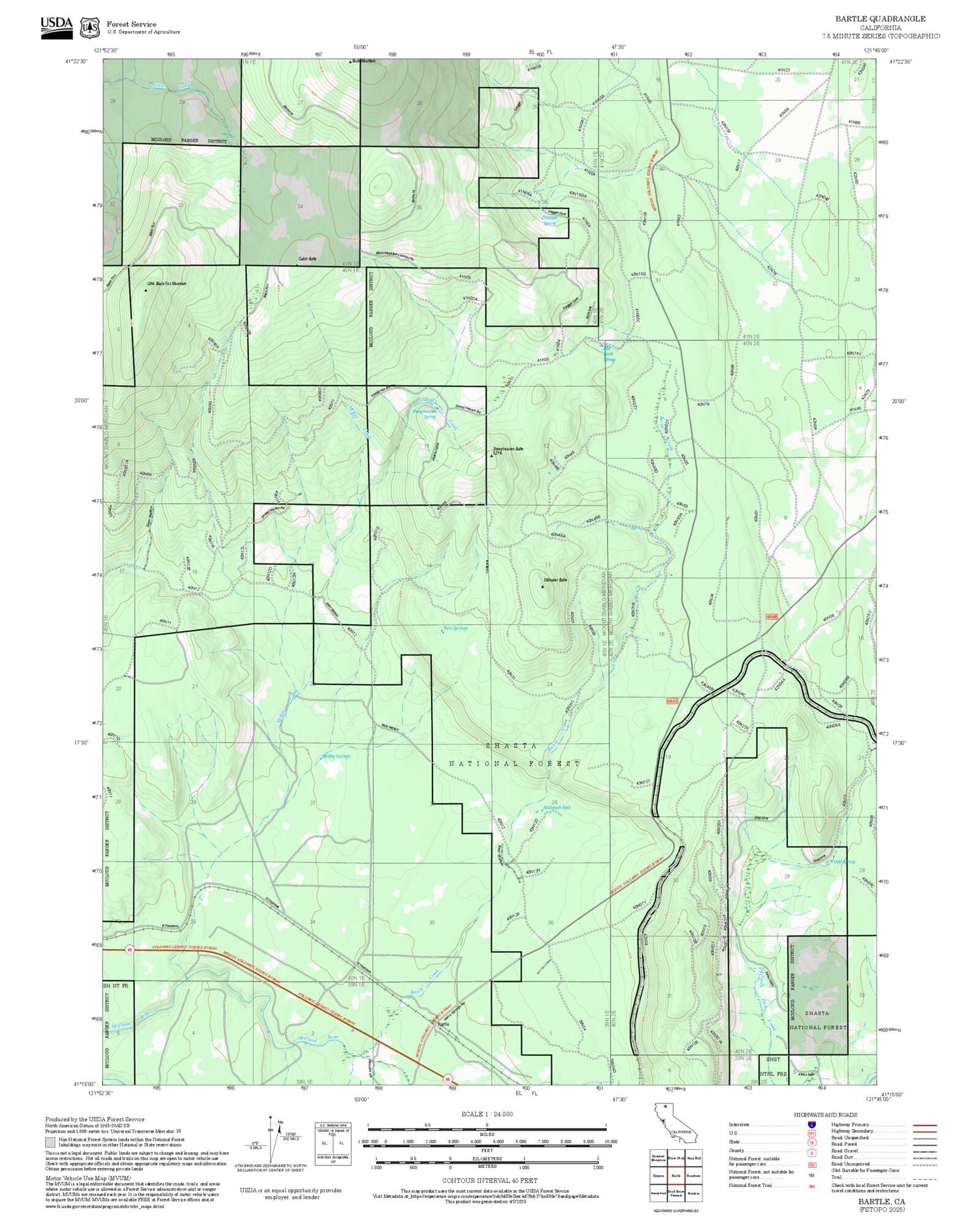 2025 Forest Service Topo Map of Bartle California