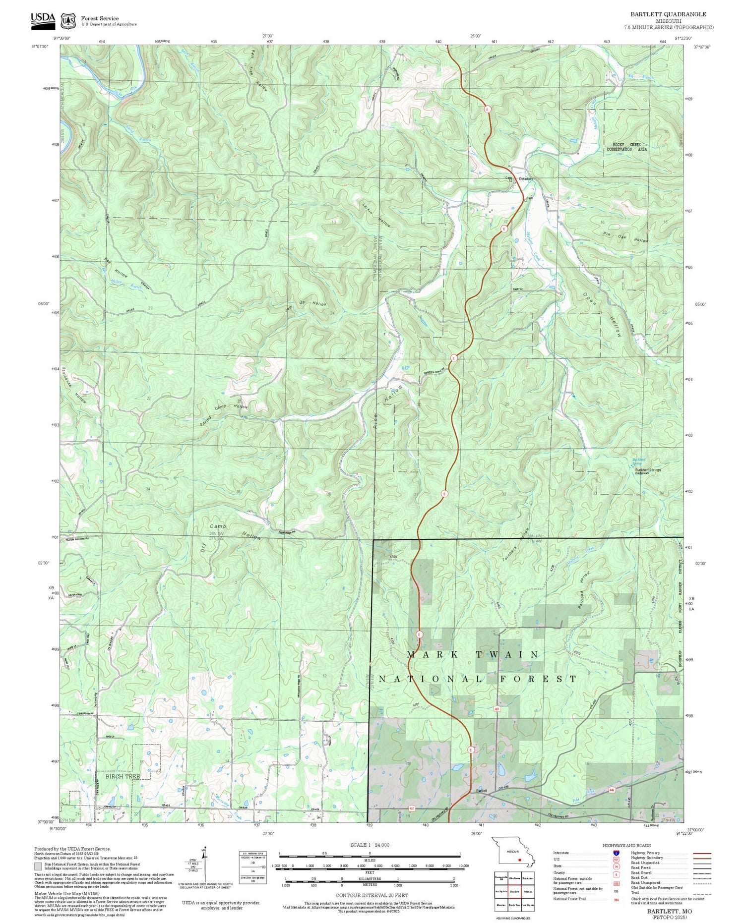 2025 Forest Service Topo Map of Bartlett Missouri