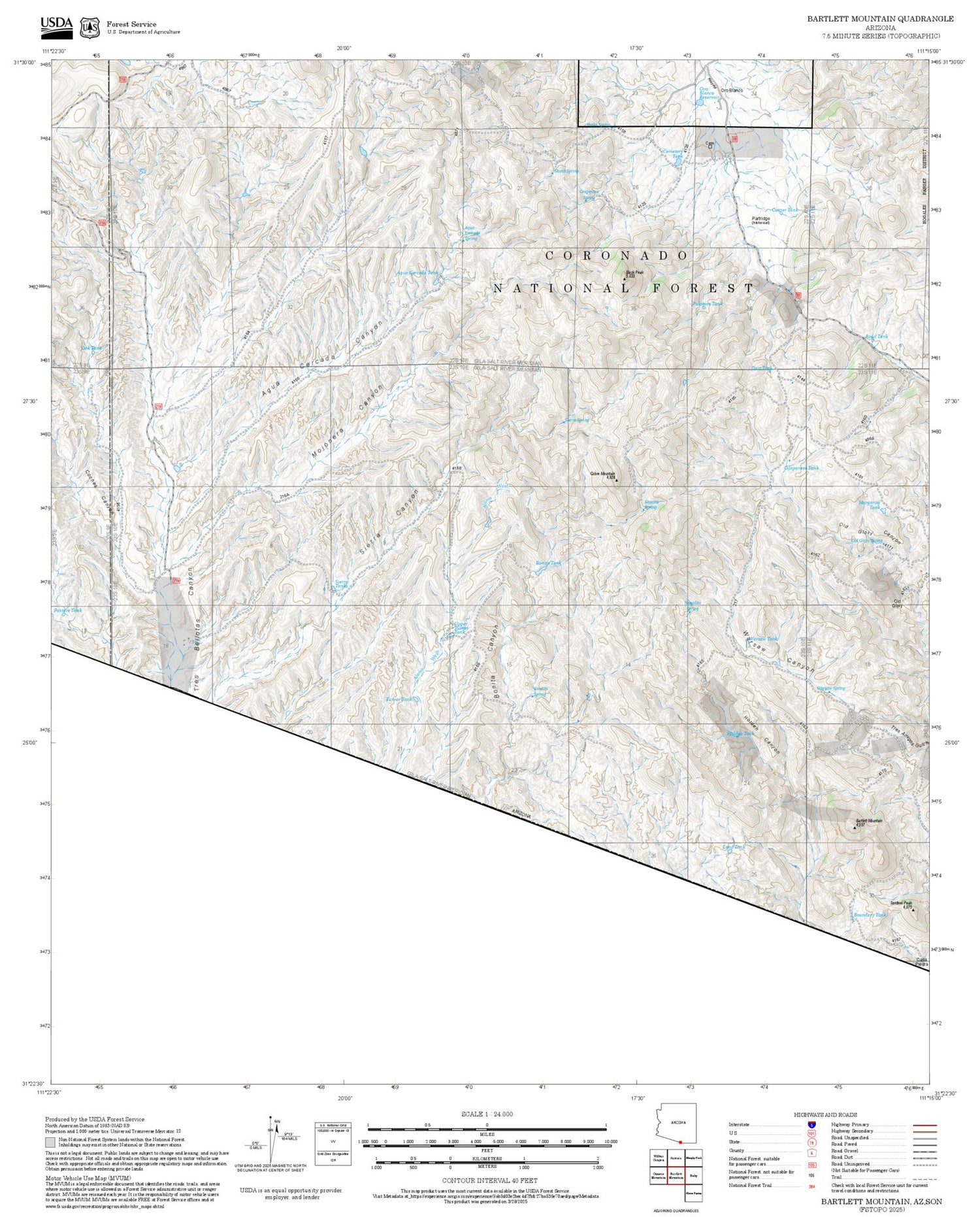 2025 Forest Service Topo Map of Bartlett Mountain Arizona