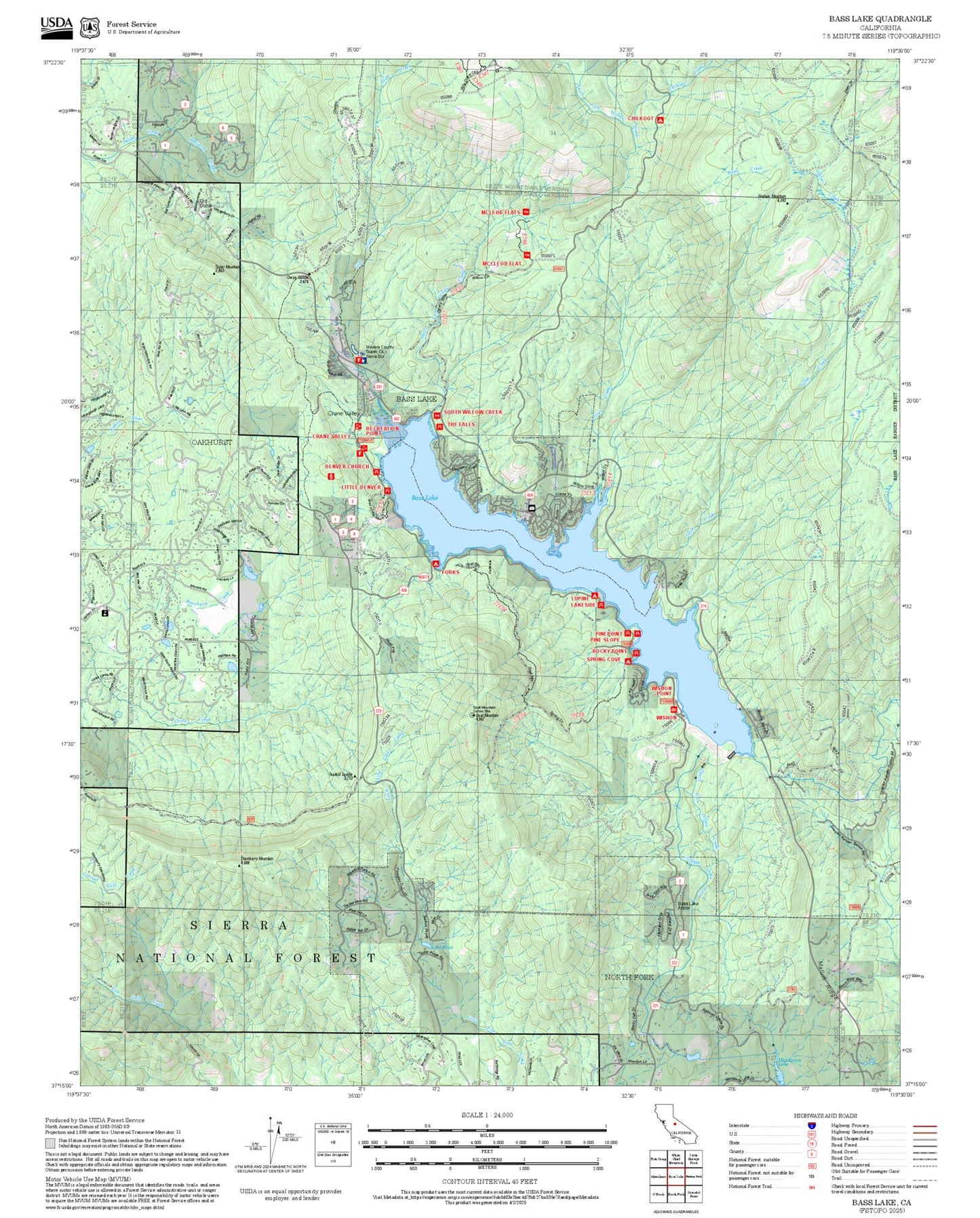 2025 Forest Service Topo Map of Bass Lake California