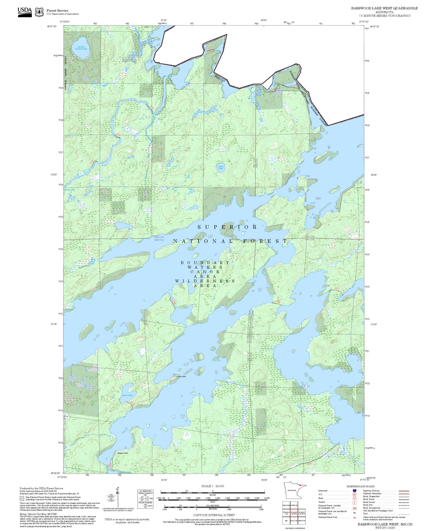 2025 Forest Service Topo Map of Basswood Lake West Minnesota