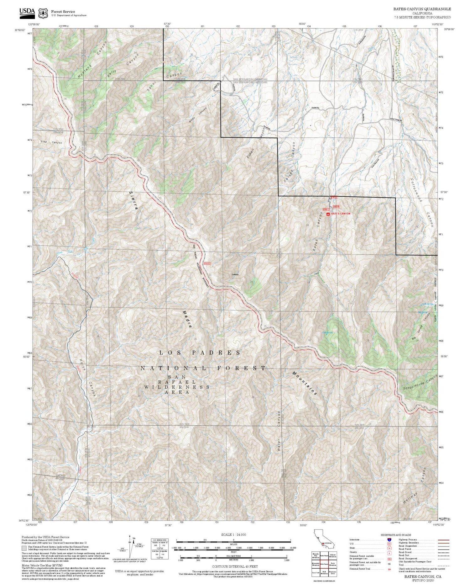 2025 Forest Service Topo Map of Bates Canyon California