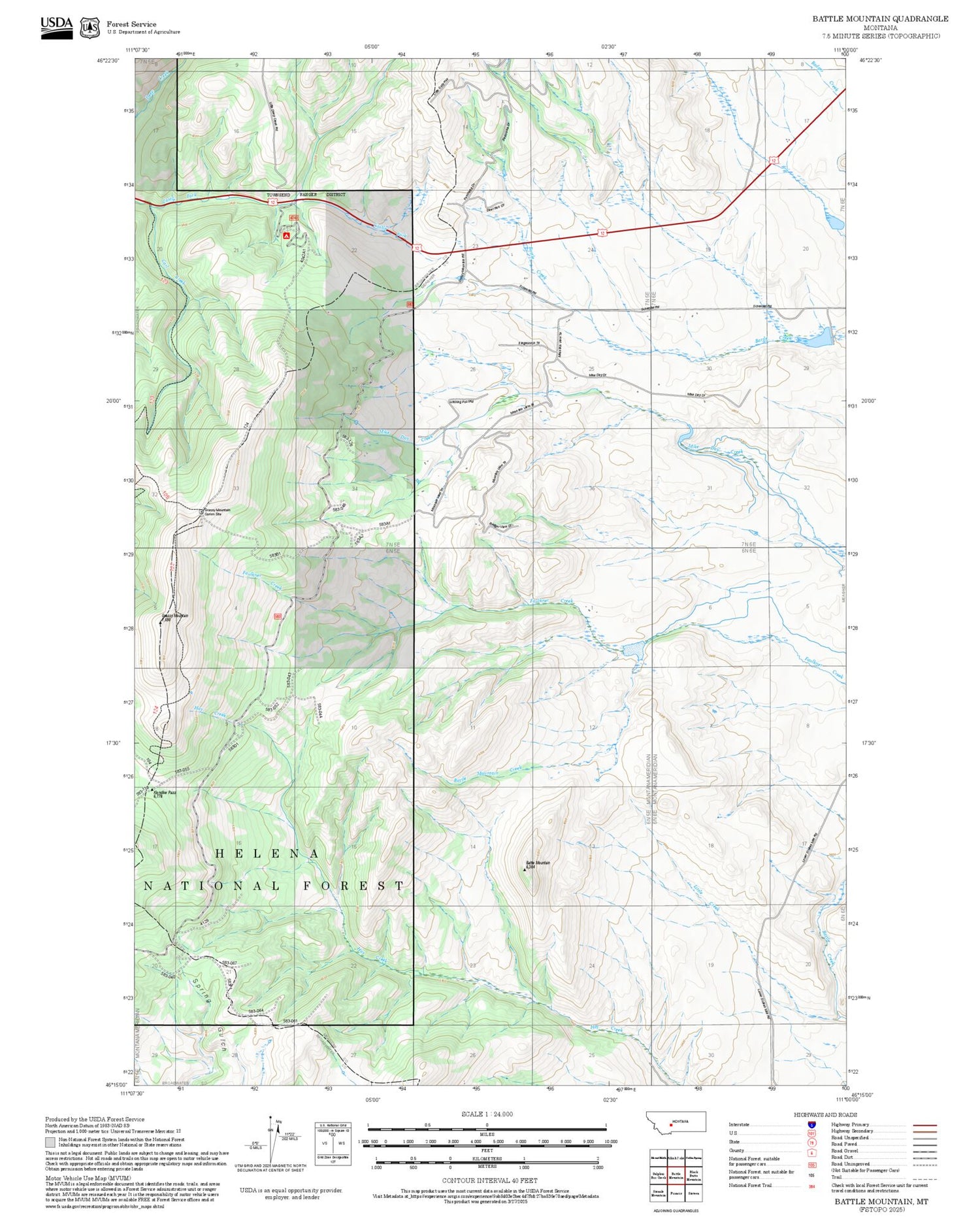 2025 Forest Service Topo Map of Battle Mountain Montana