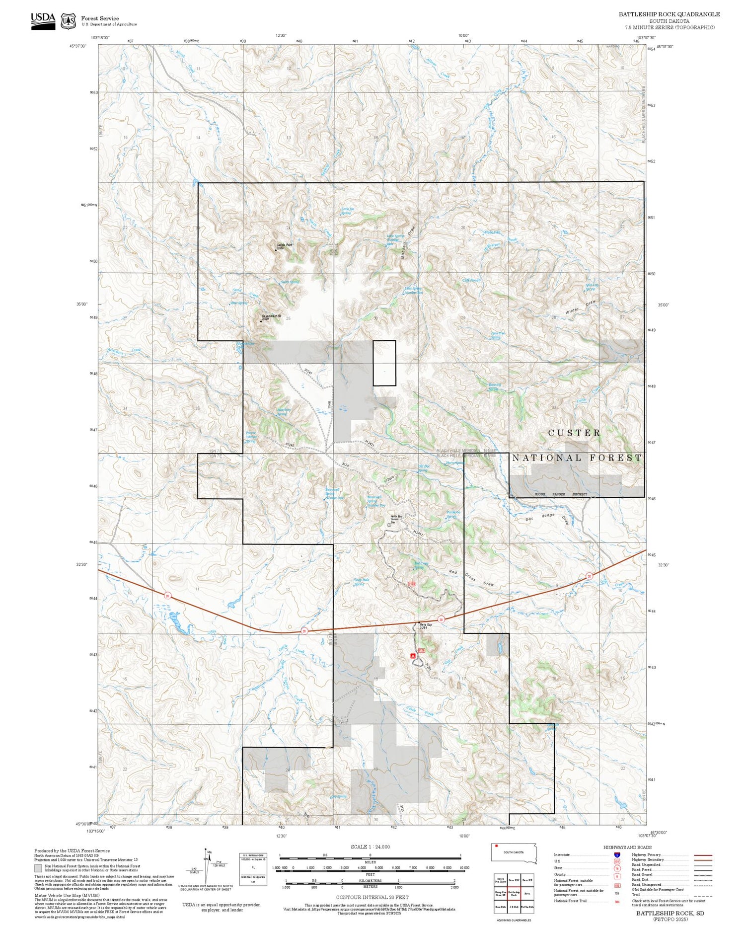 2025 Forest Service Topo Map of Battleship Rock South Dakota