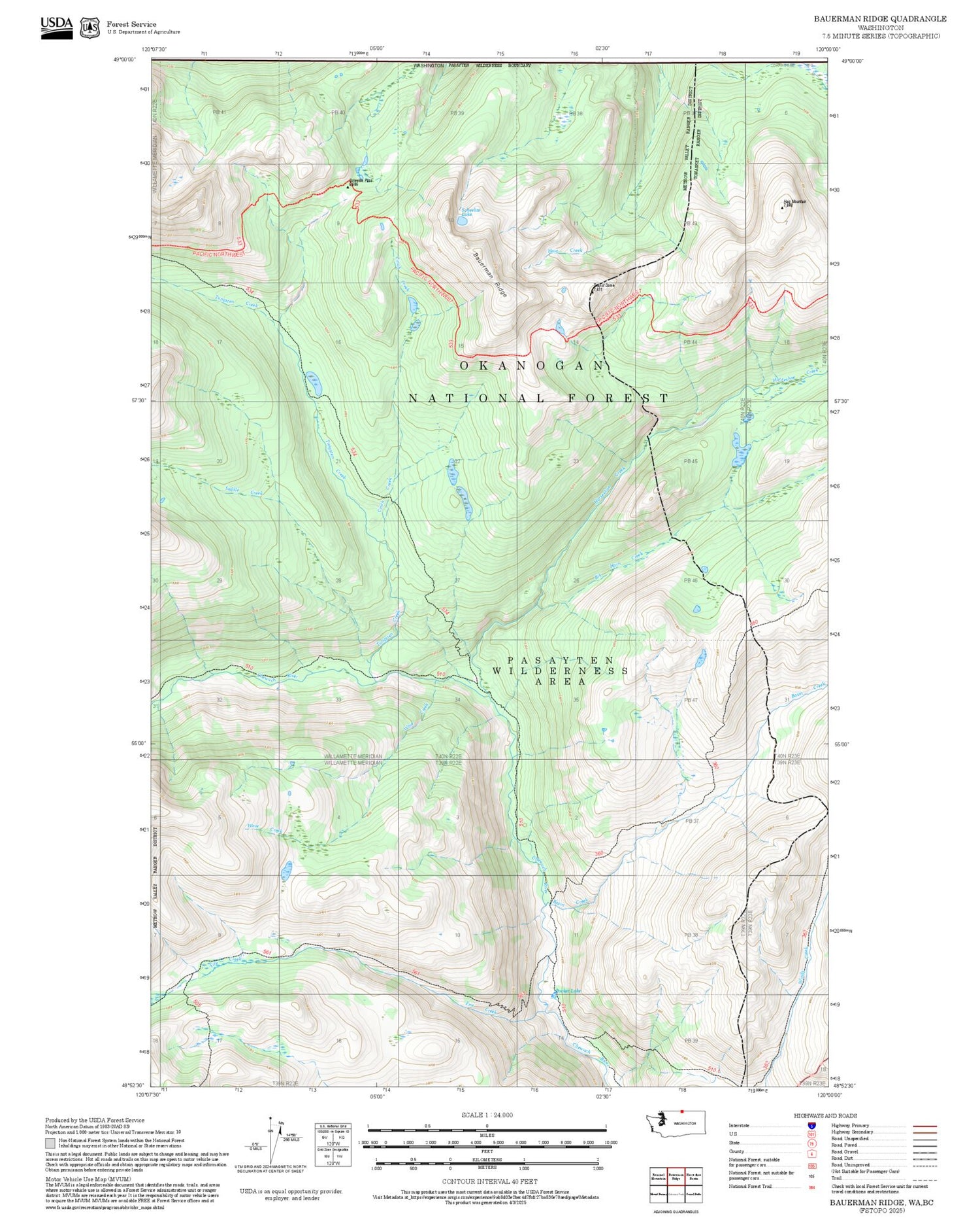 2025 Forest Service Topo Map of Bauerman Ridge Washington
