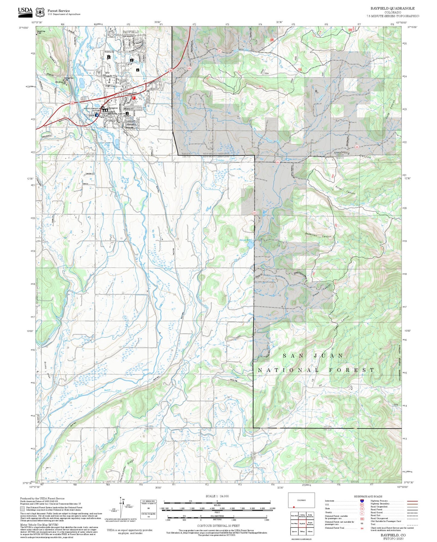 2025 Forest Service Topo Map of Bayfield Colorado