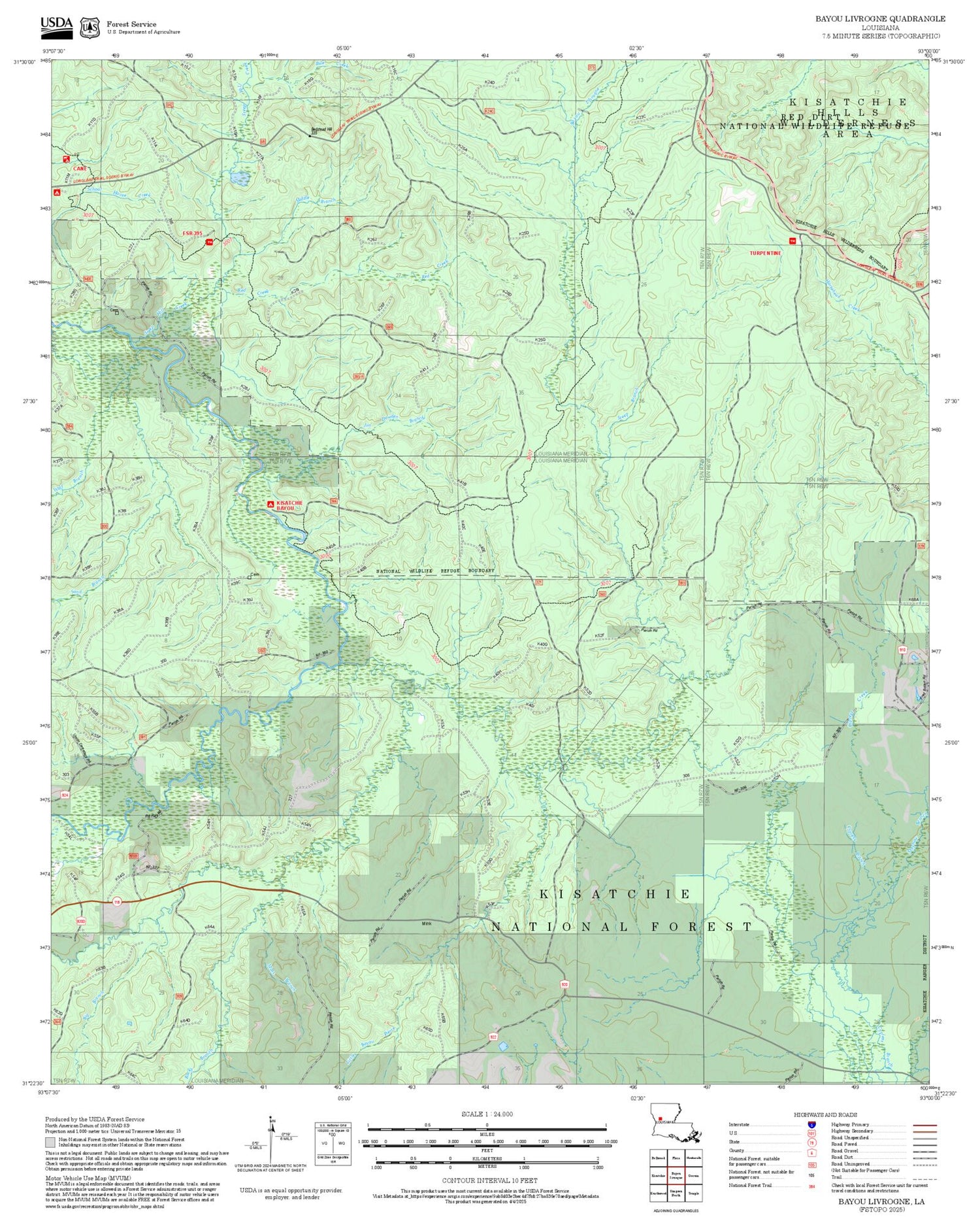 2025 Forest Service Topo Map of Bayou Livrogne Louisiana