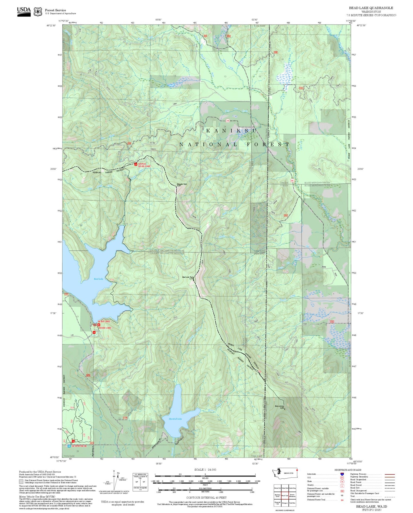 2025 Forest Service Topo Map of Bead Lake Washington