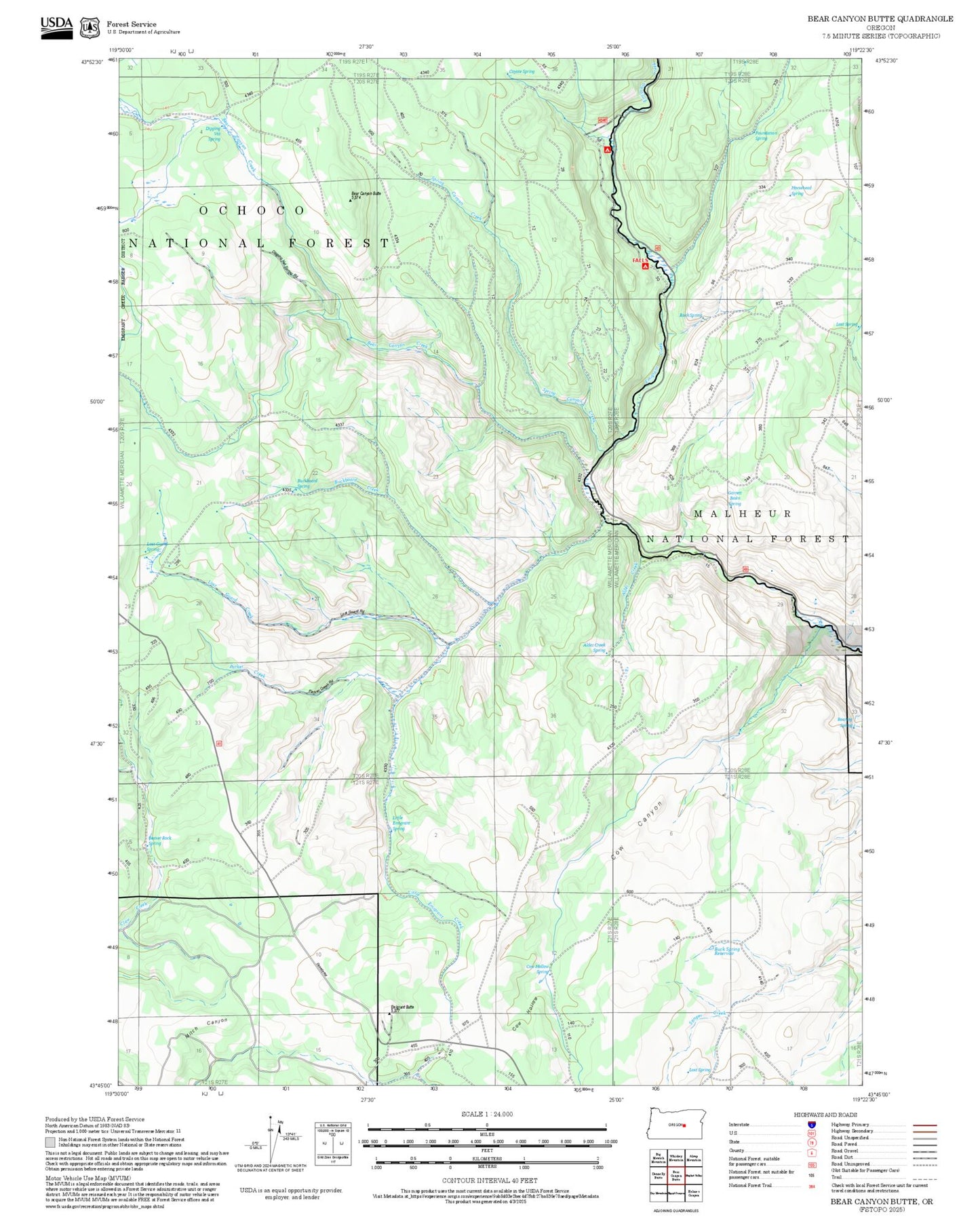2025 Forest Service Topo Map of Bear Canyon Butte Oregon