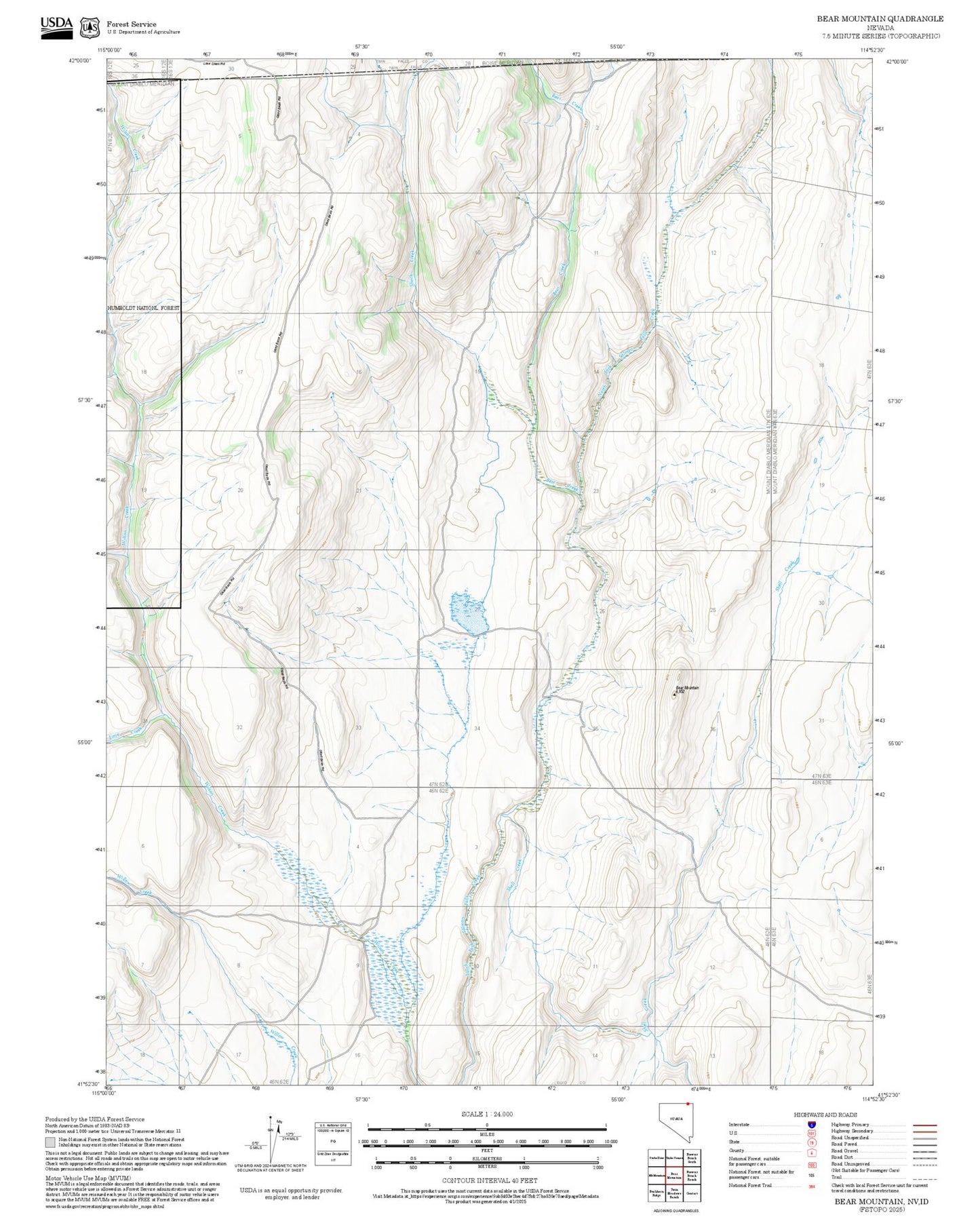 2025 Forest Service Topo Map of Bear Mountain Nevada