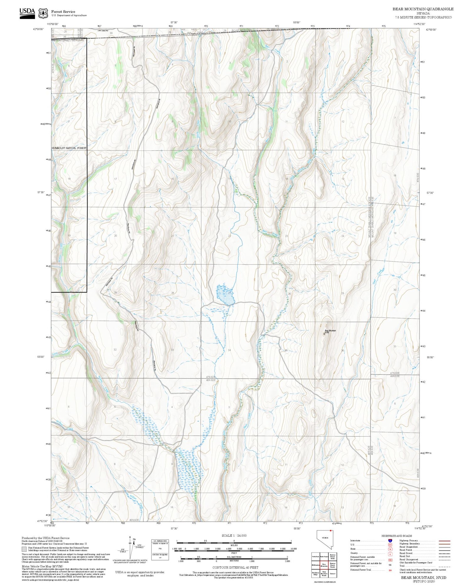 2025 Forest Service Topo Map of Bear Mountain Nevada
