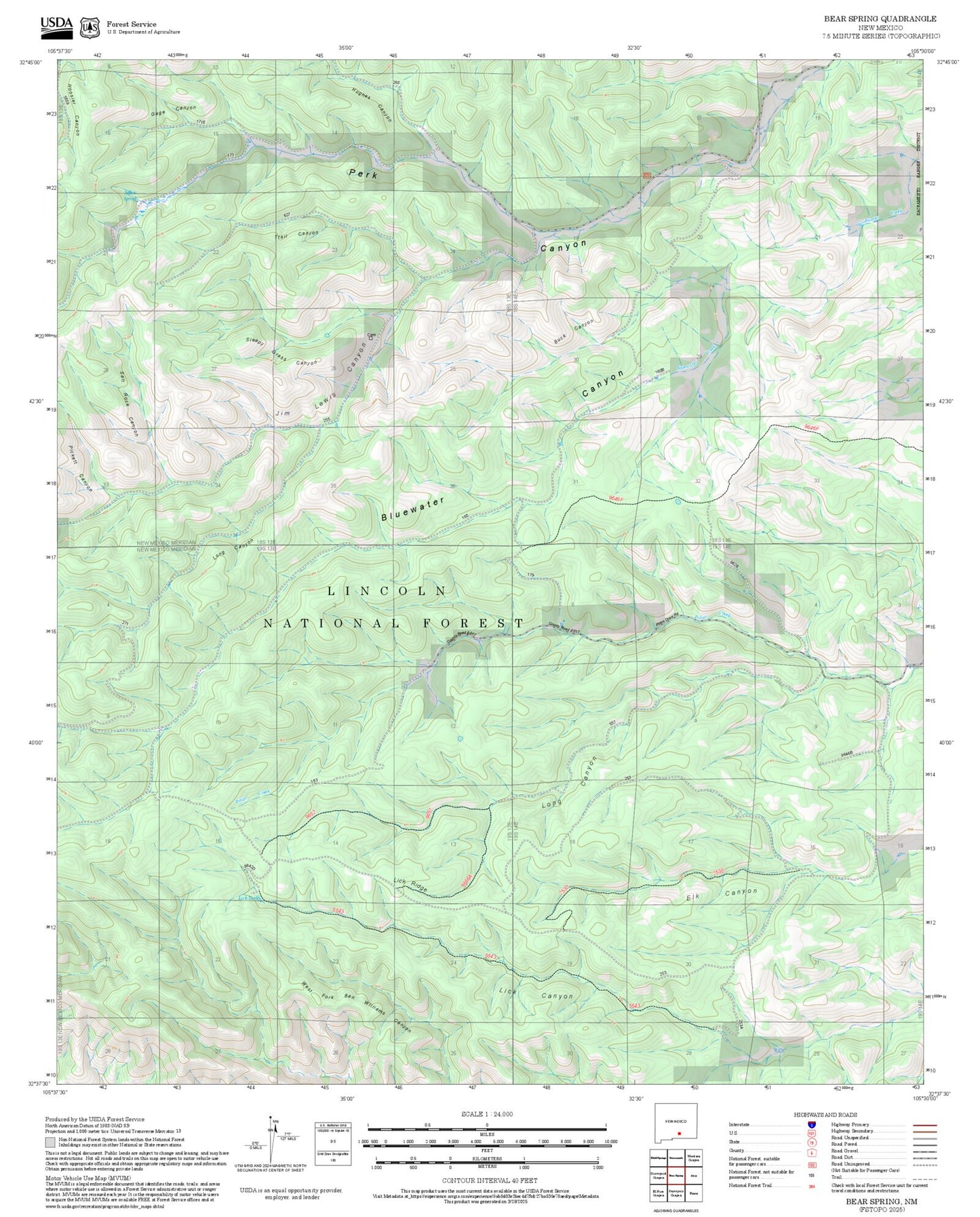 2025 Forest Service Topo Map of Bear Spring New Mexico